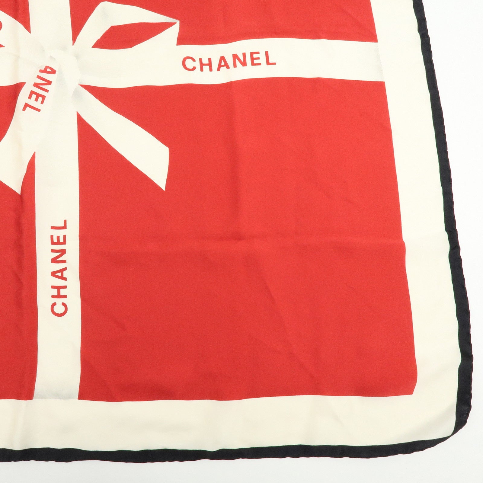 CHANEL Logo Silk 100% Scarf Ribbon Motif Red Ivory Black