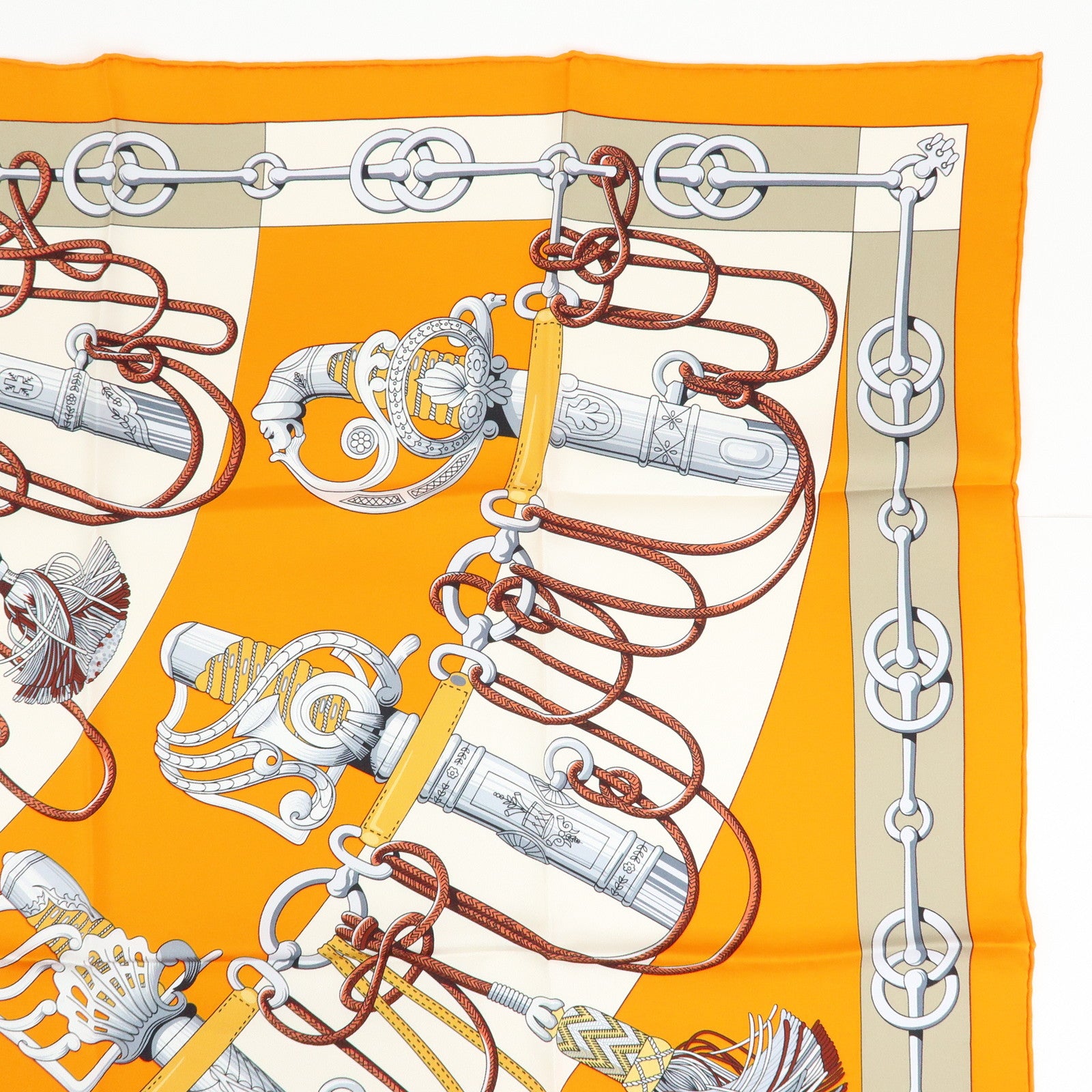 HERMES Carre 90 Silk 100% Scarf Cliquetis Orange Gray