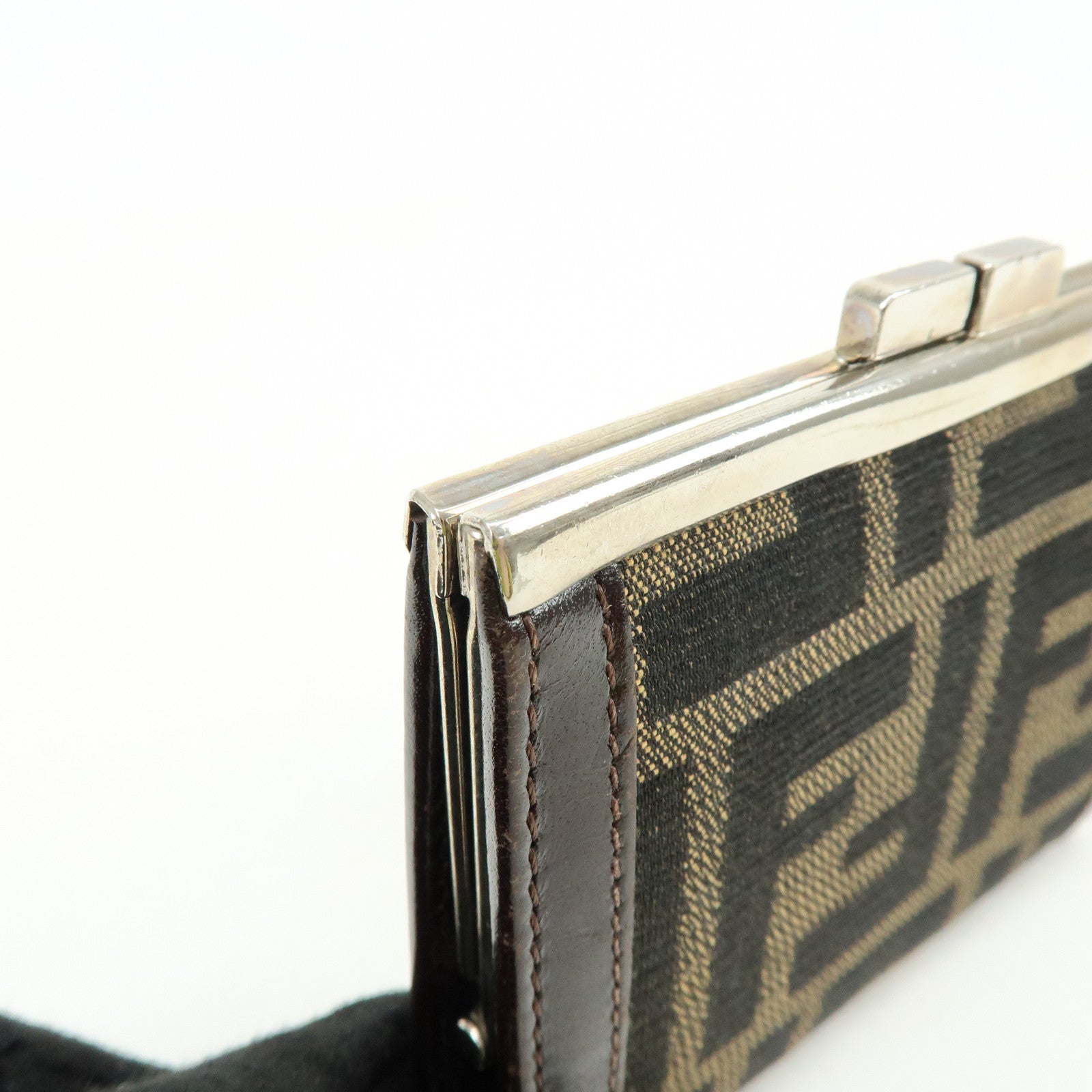 FEND Zucca Canvas Leather Compact Wallet Coin Case Brown