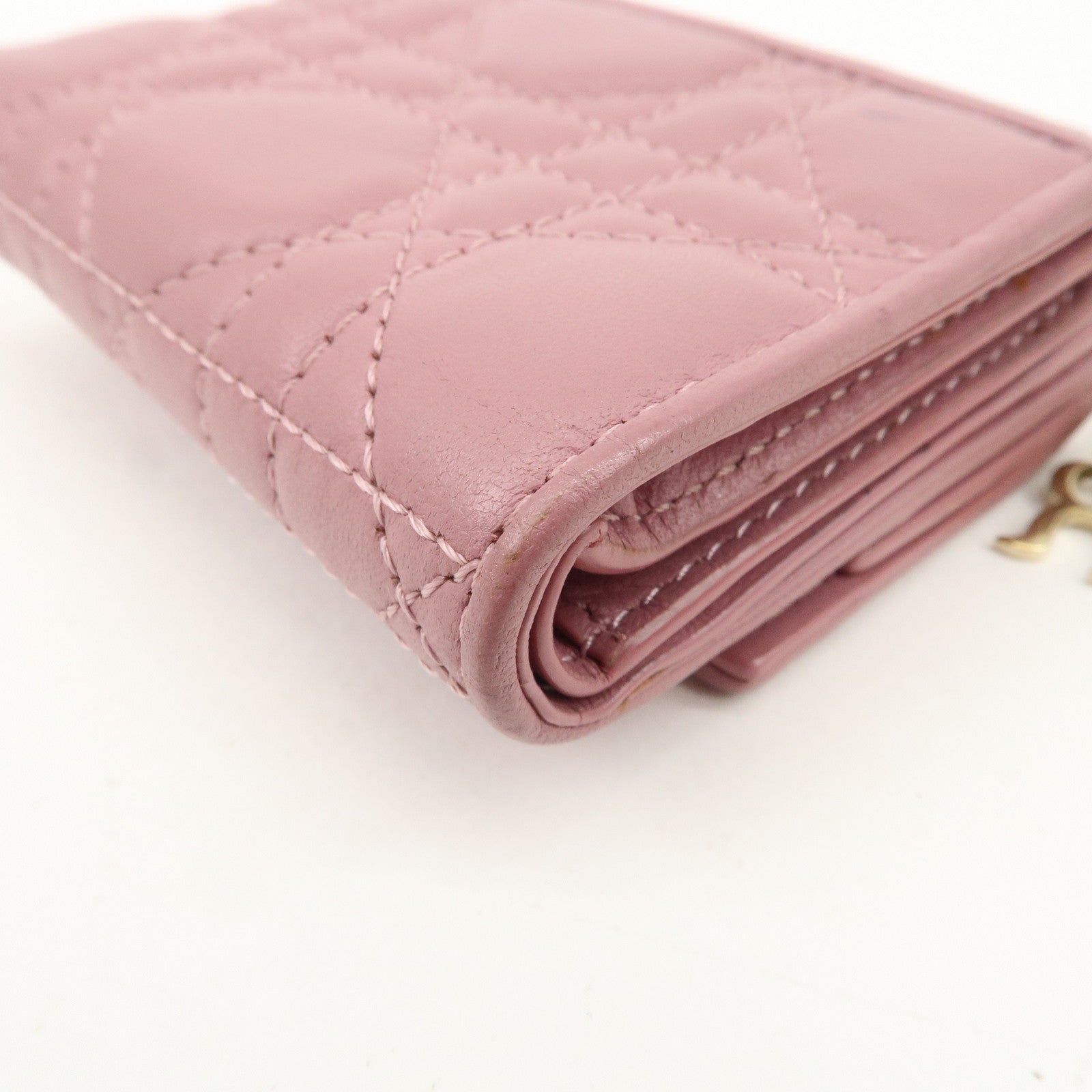 Christian Dior Cannage Leather Tri-fold Compact Wallet Pink