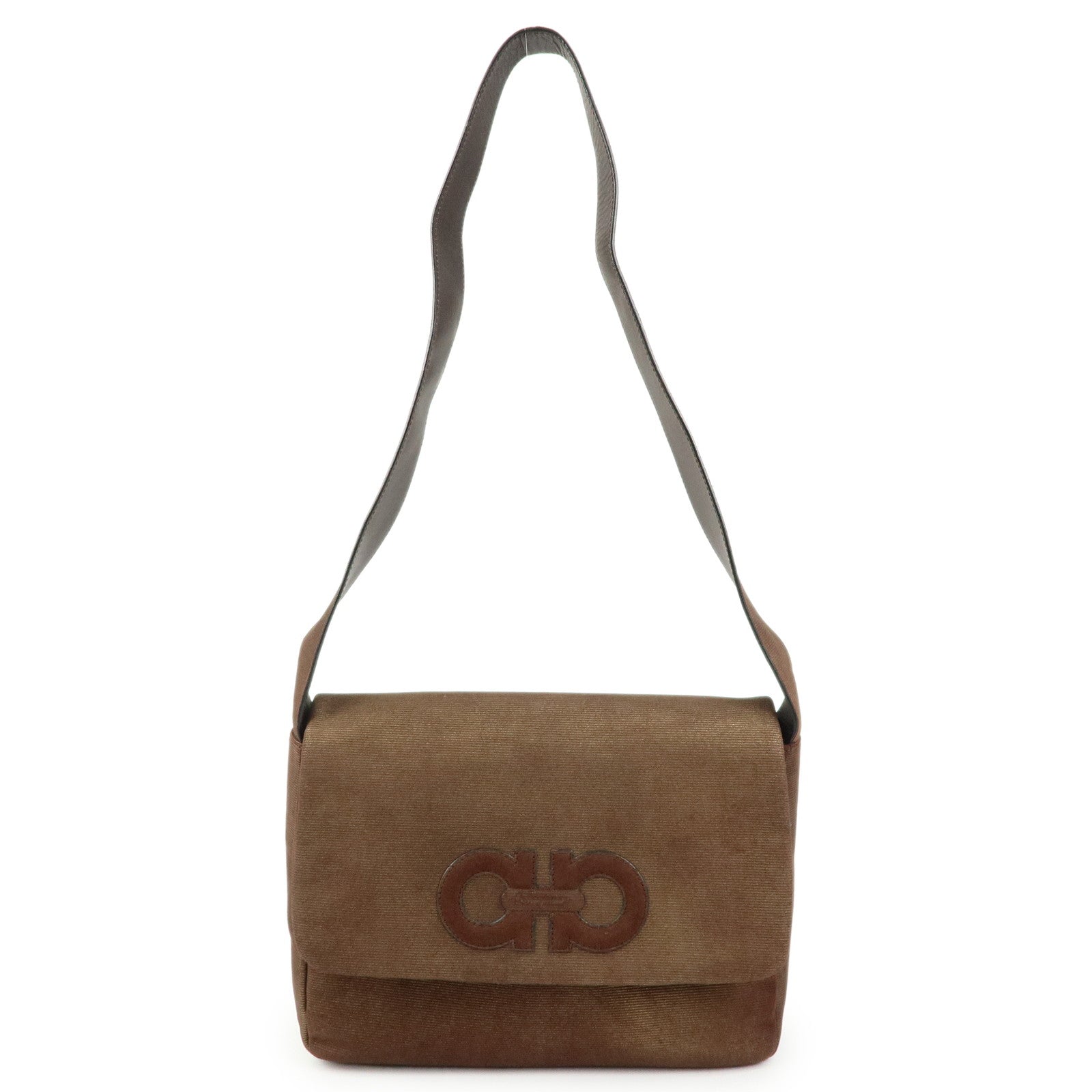 Ferragamo Logo Gancini Canvas Leather Shoulder Bag Brown