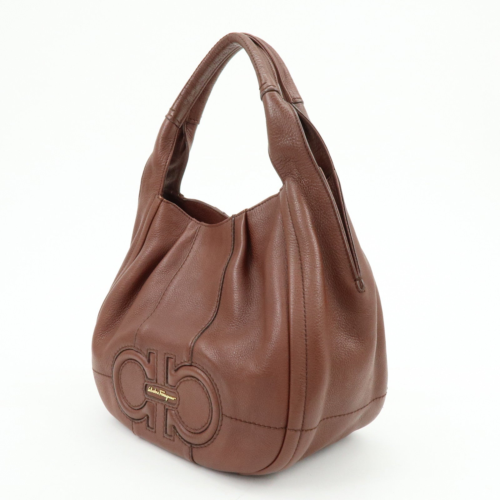 Ferragamo Gancini Leather Shoulder Bag Hand Bag Brown