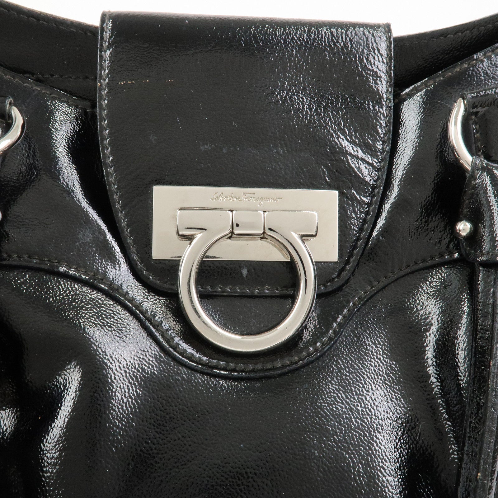Ferragamo Gancini Patent Leather Hand Bag Shoulder Bag Black