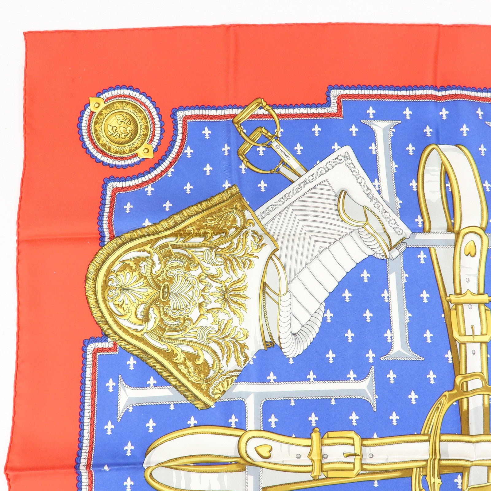 HERMES Carre 90 Silk 100% Scarf SELLES A HOUSSE Blue White Gold Red
