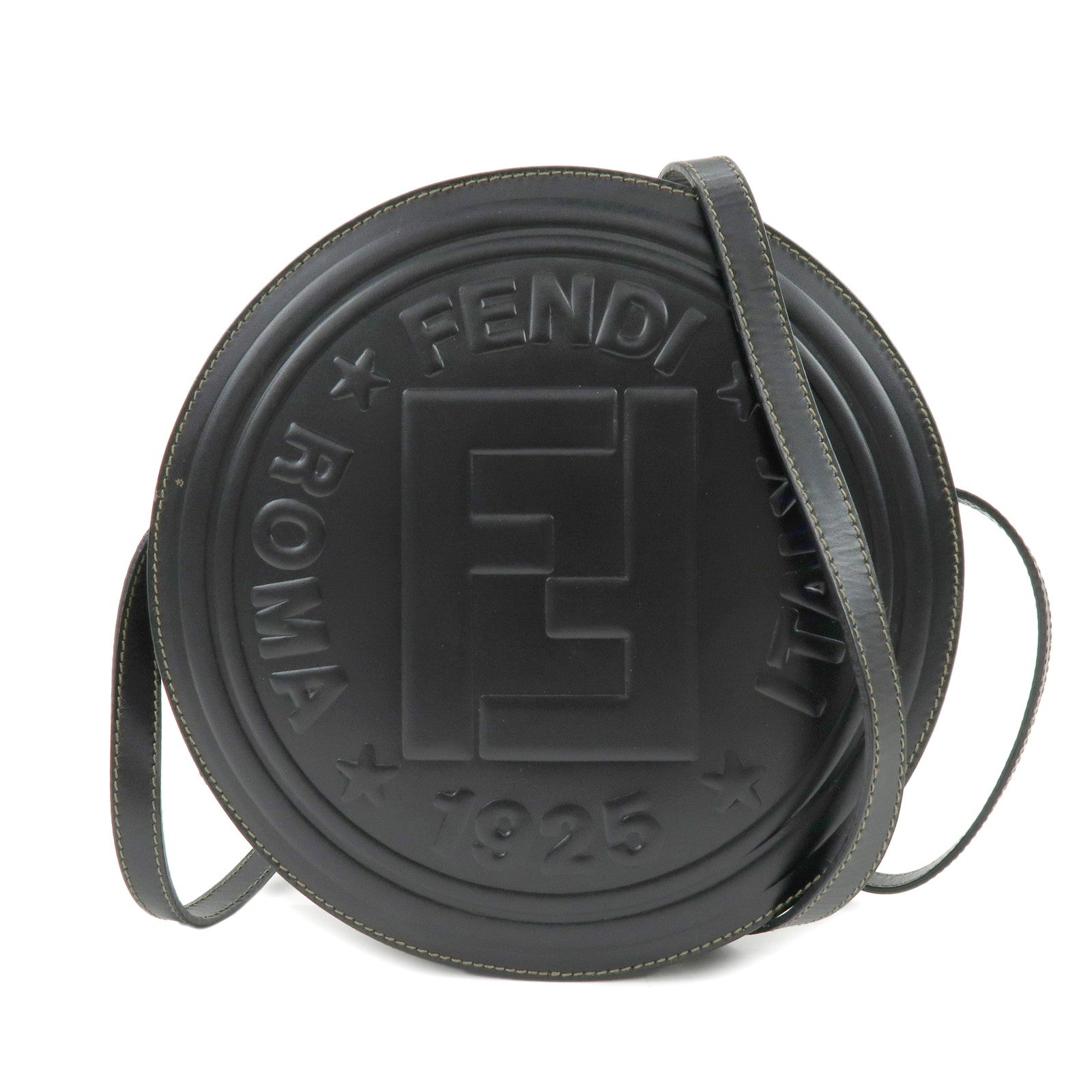 FENDI Leather PVC Round Shoulder Bag Checker Pattern Black Brown