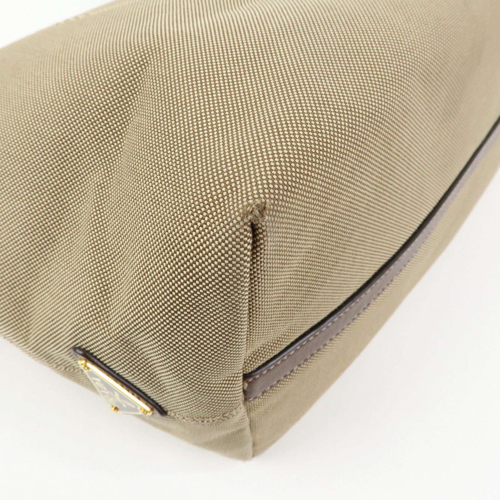 PRADA Triangle Logo Jacquard Leather Tote Bag Beige Brown 1BG158