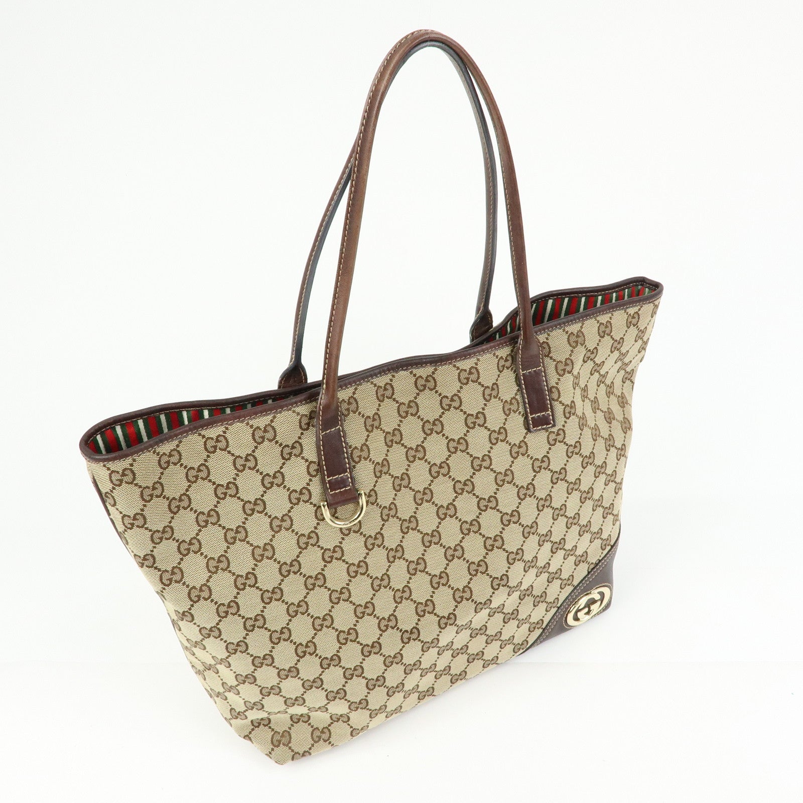 GUCCI Interlocking G Canvas Leather Tote Shoulder Bag Beige 169945