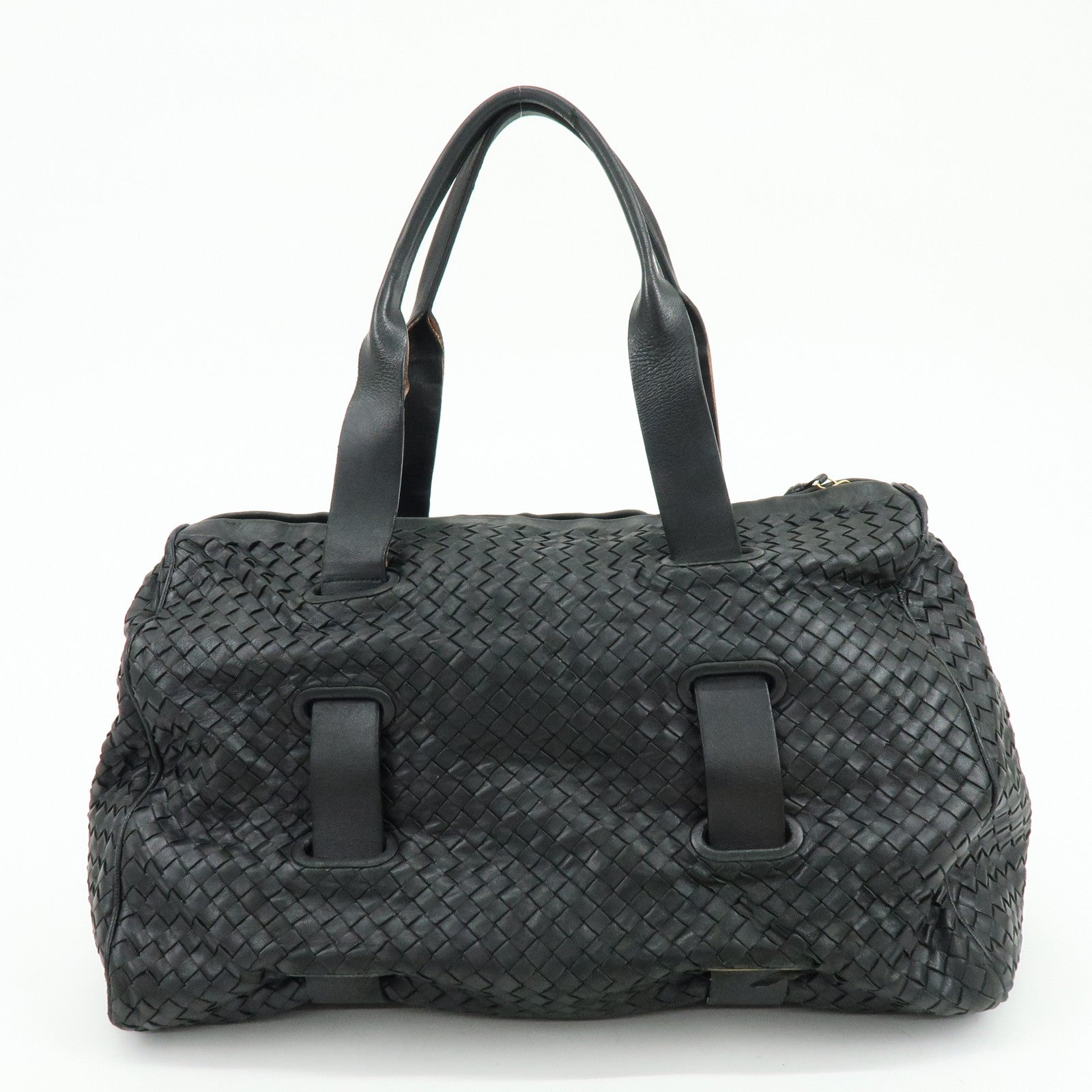 BOTTEGA VENETA Intrecciato Leather Boston Bag Shoulder Bag Black