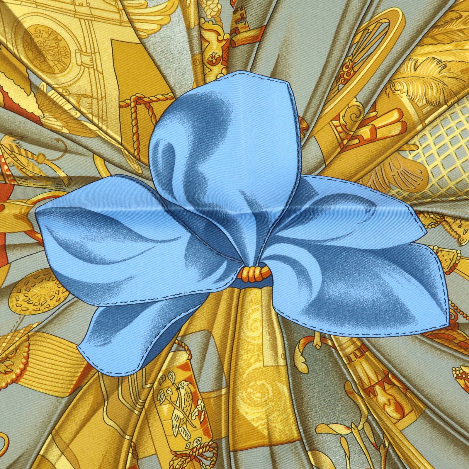 HERMES Carre 90 Silk 100% Soleil de Soie Scarf Gold Brown Blue