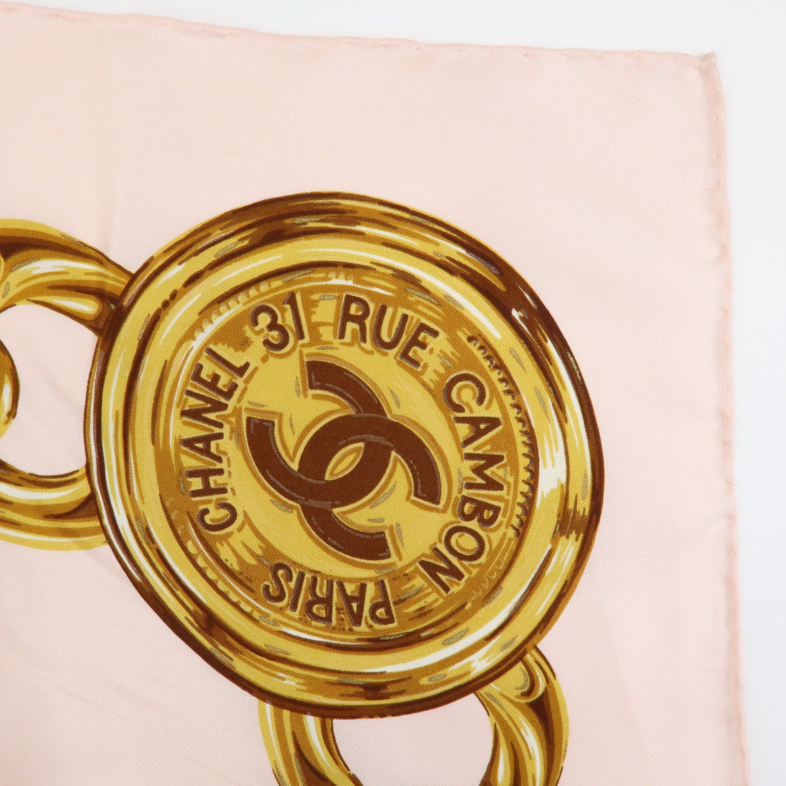 CHANEL COCO Mark Silk 100% Scarf Chain Pearl Motif Pink