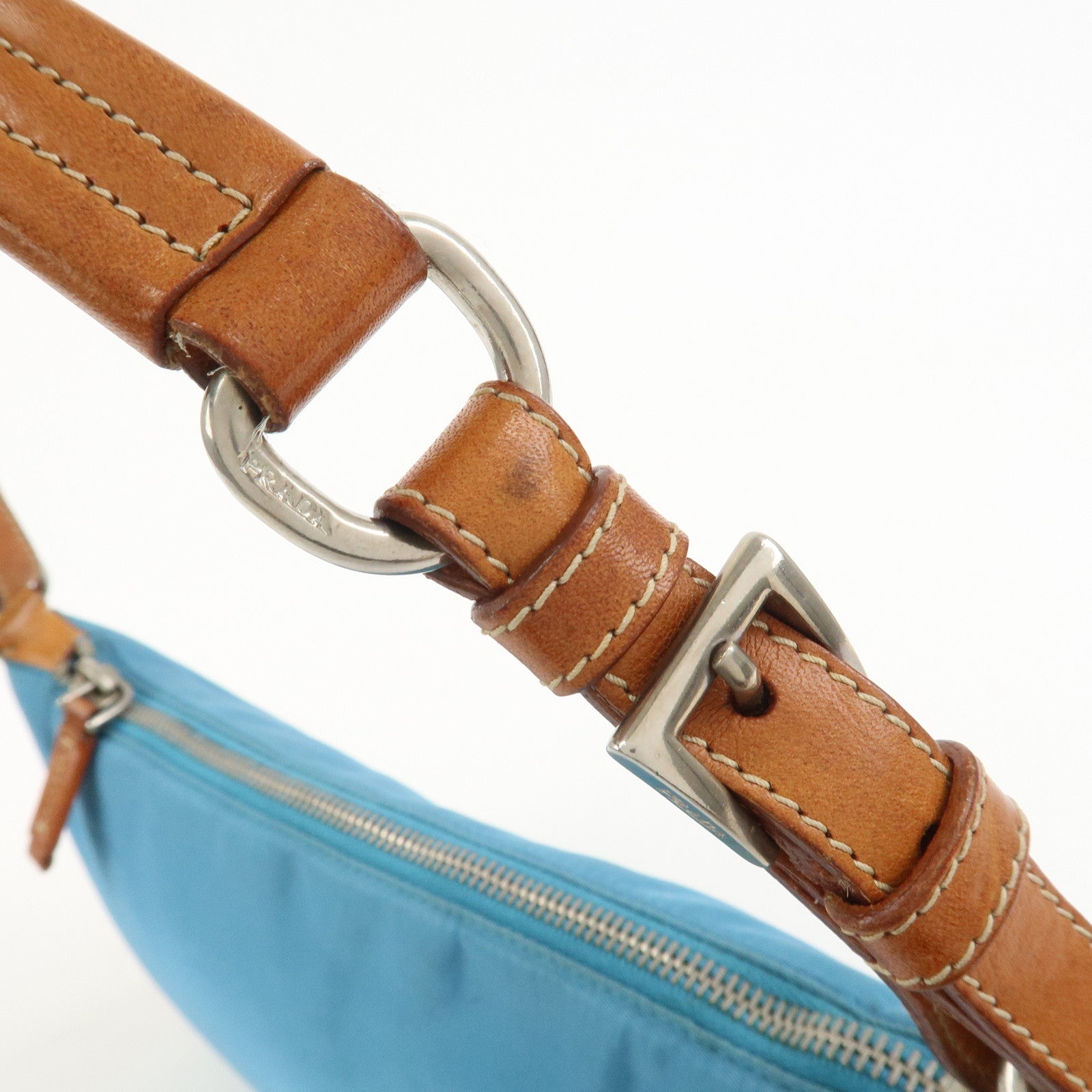 PRADA Triangle Logo Nylon Leather Shoulder Bag Blue Brown BR2205