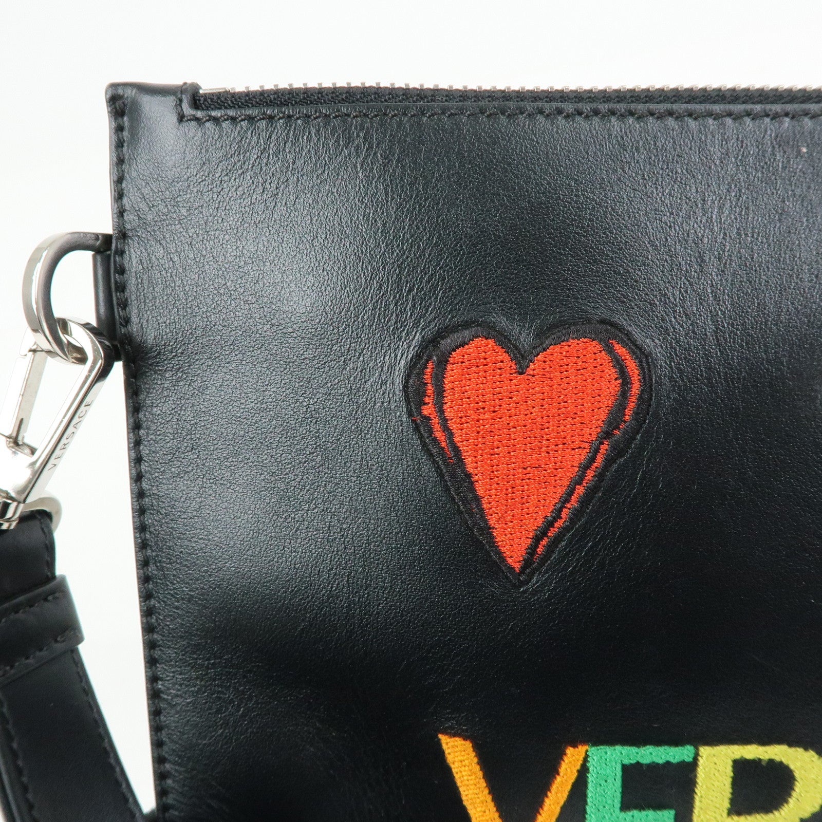 VERSACE Logo Leather Heart Wrist Bag Clutch Bag Black Multicolor