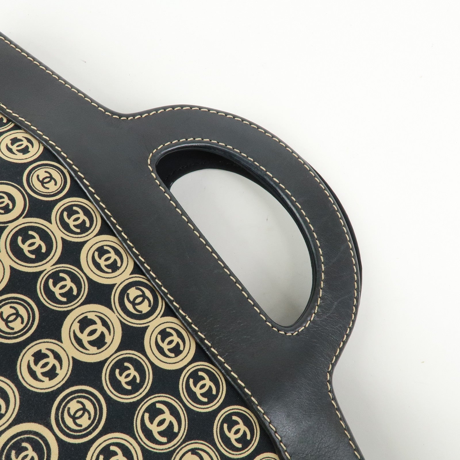 CHANEL COCO Mark Canvas Leather Hand Bag Beige Black