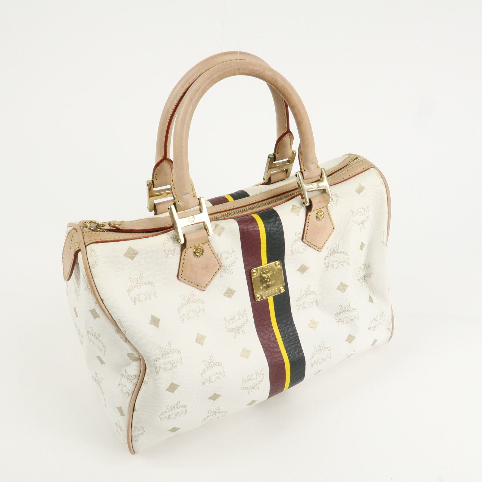 MCM Visetos Leather Boston Bag Hand Bag Beige White Used