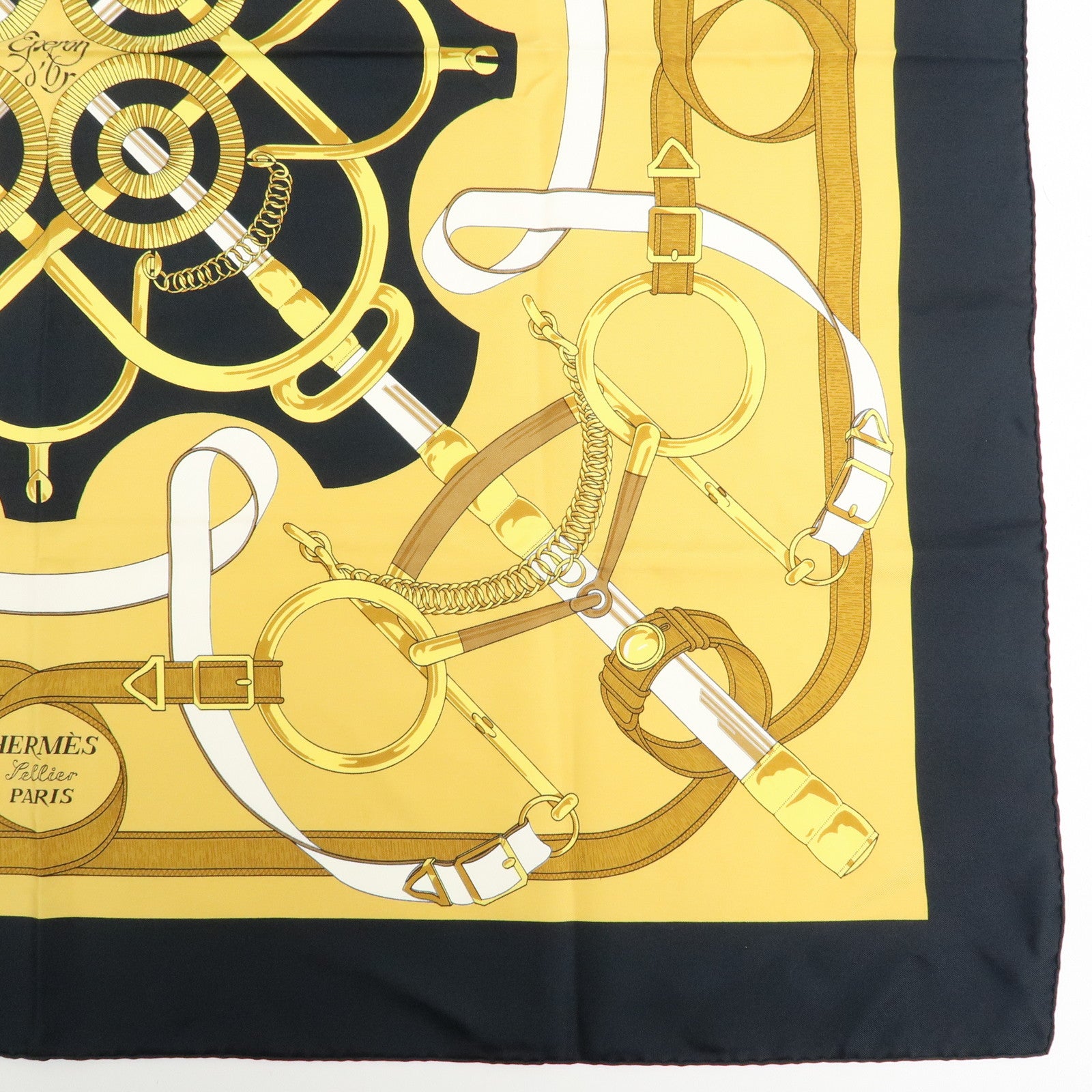 HERMES Carre 90 Silk 100% Eperon d'or Scarf White Navy