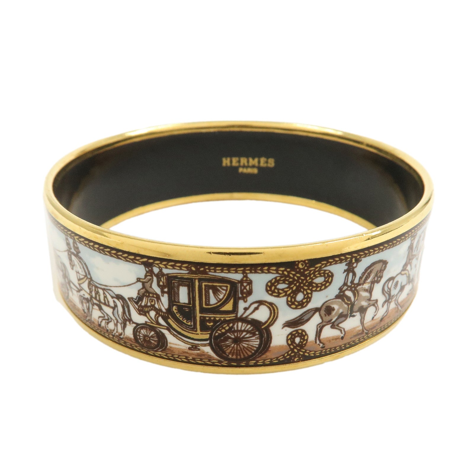 HERMES Email GM Gold Plated Bangle Bracelet White Blue