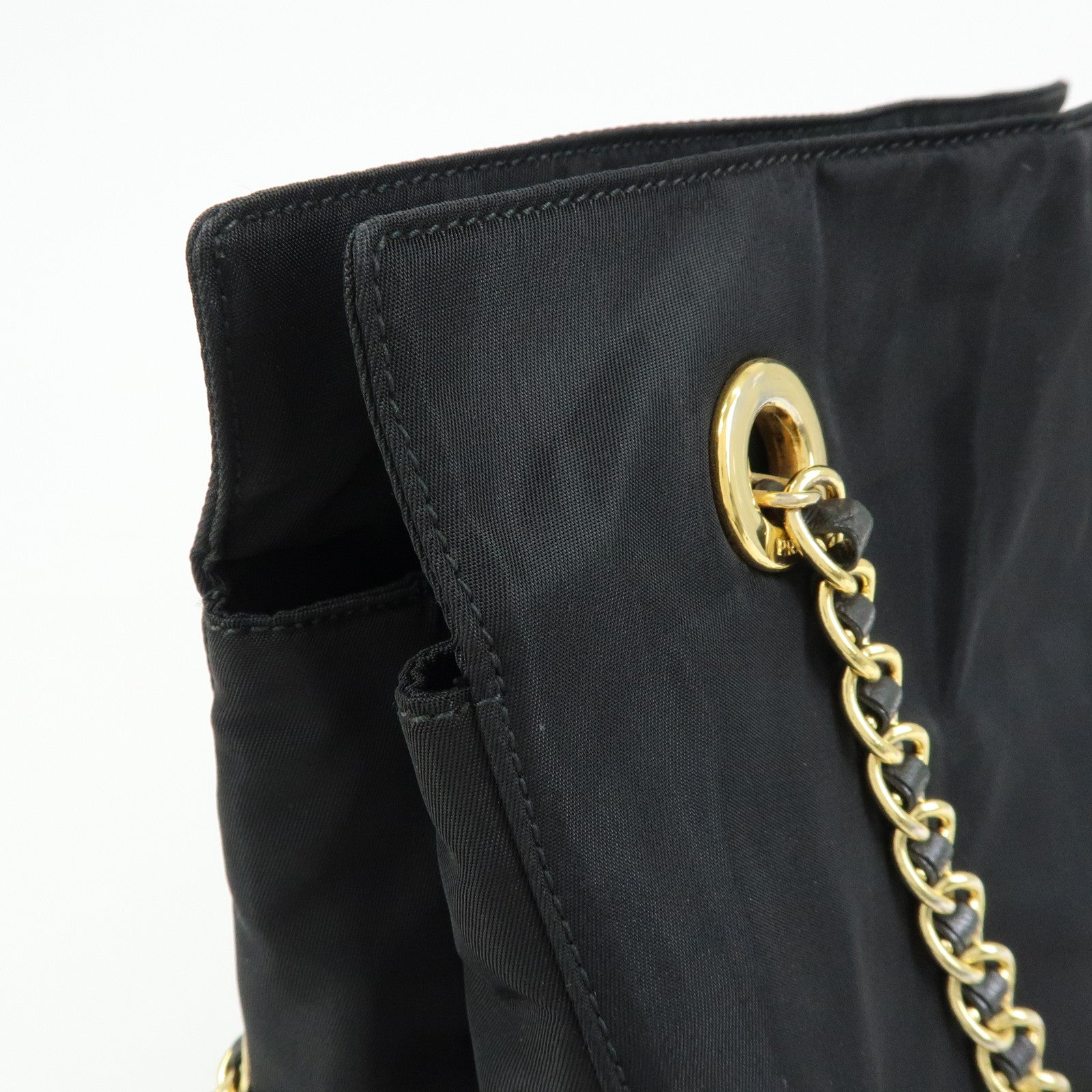 PRADA Triangle Logo Nylon Leather Chain Shoulder Bag Black B4394