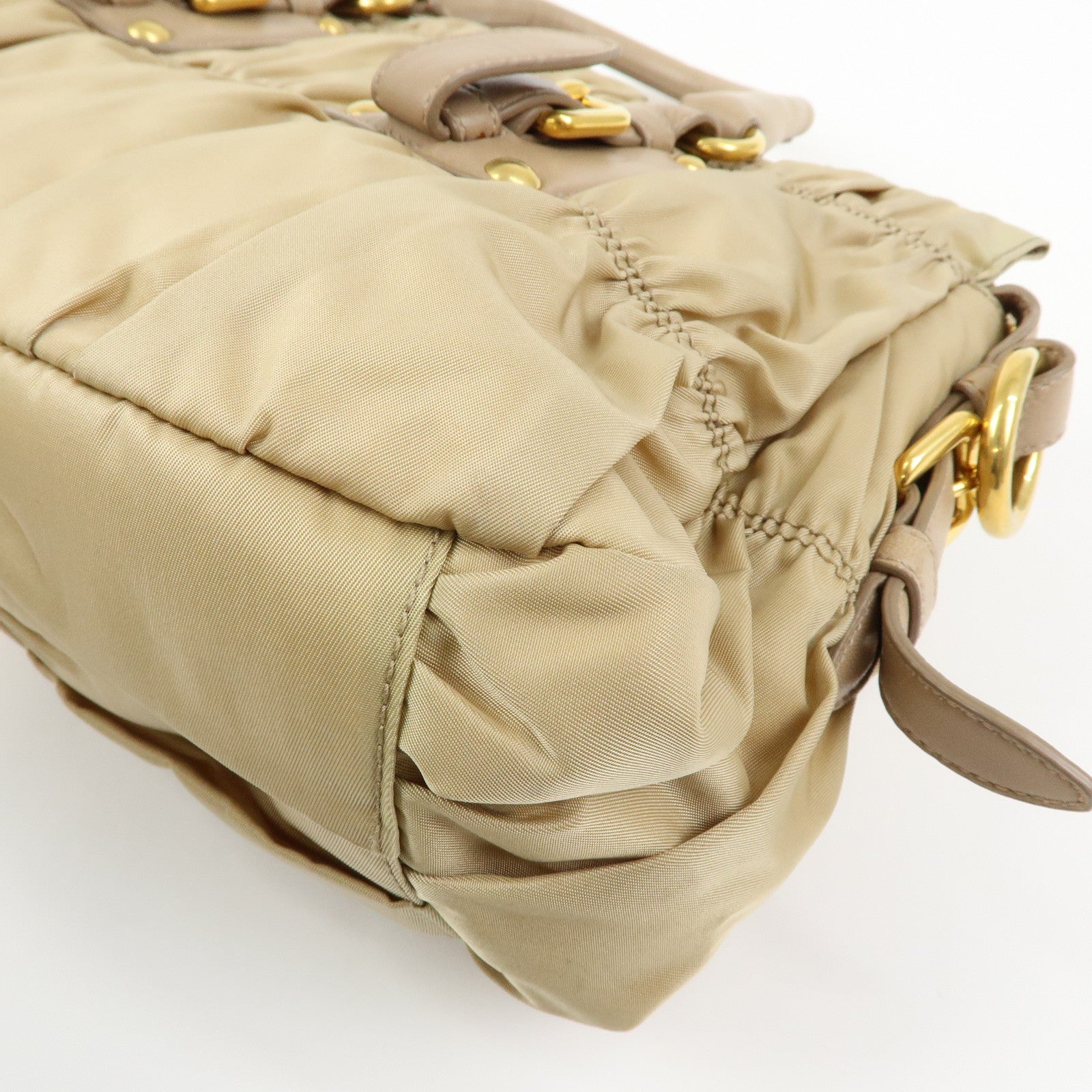 PRADA Gathered Nylon Leather 2Way Hand Shoulder Bag Beige BN1407