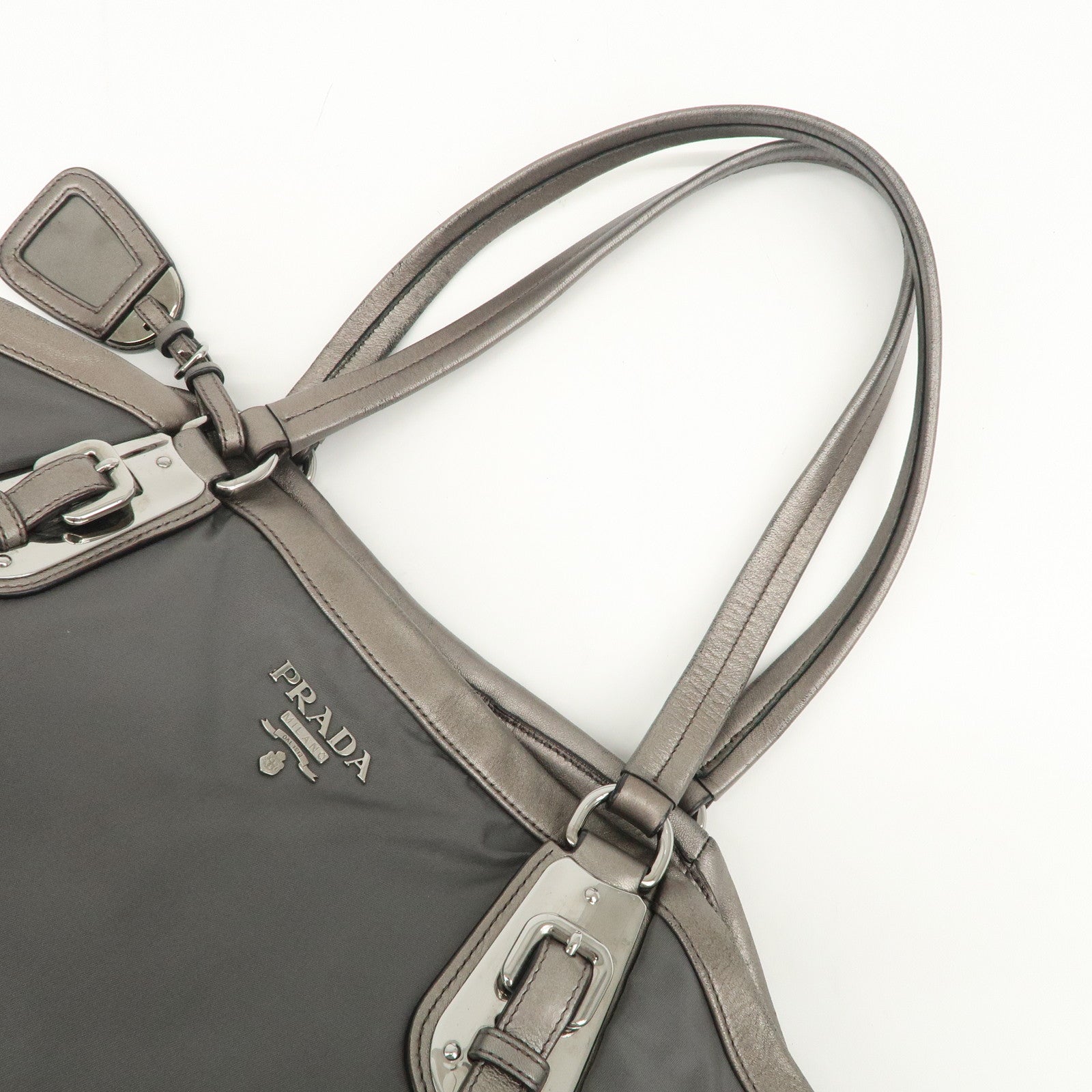 PRADA Logo Nylon Leather Tote Bag Shoulder Bag Gray BR4007