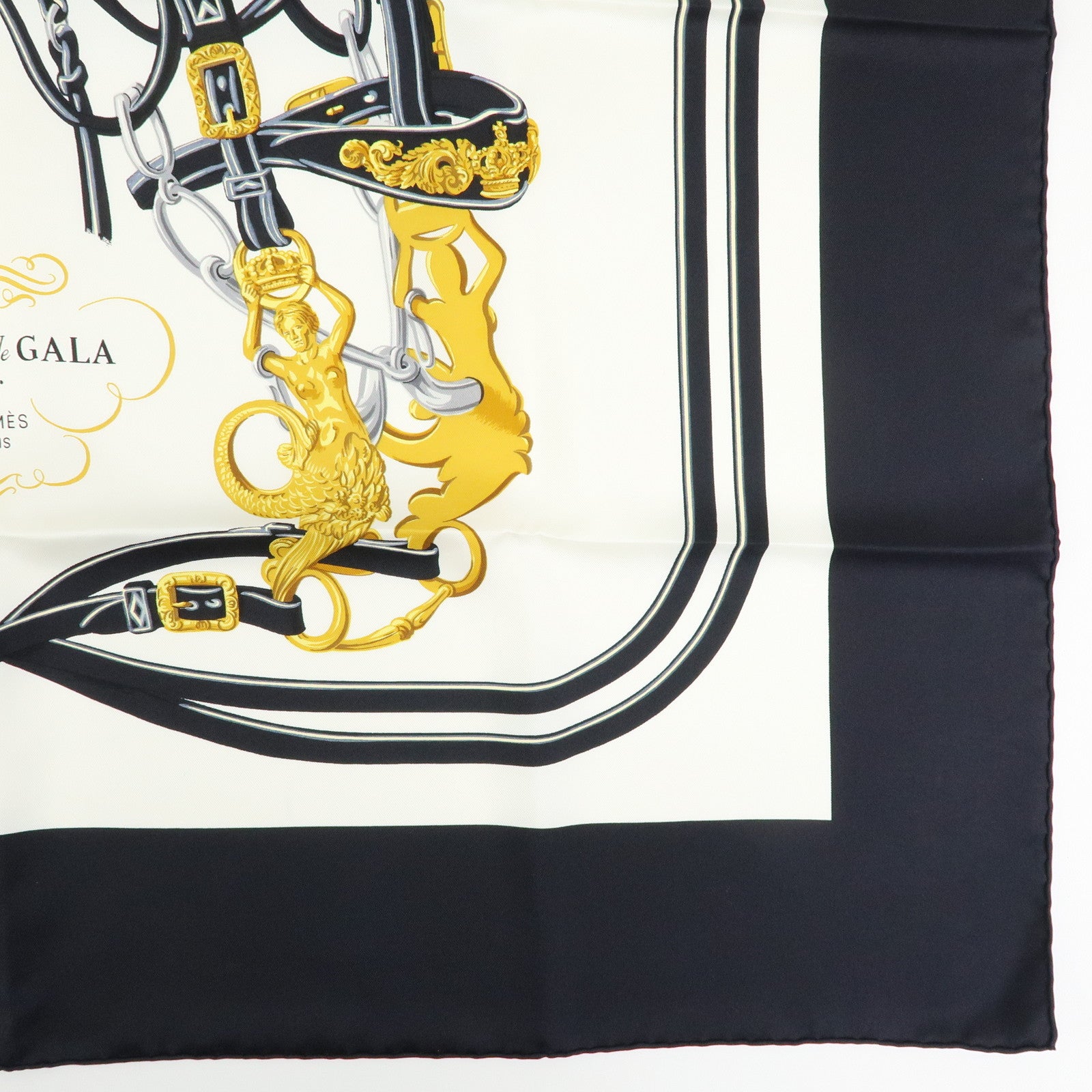HERMES Carre 90 Silk 100% Scarf BRIDES DE GALA Black Gold