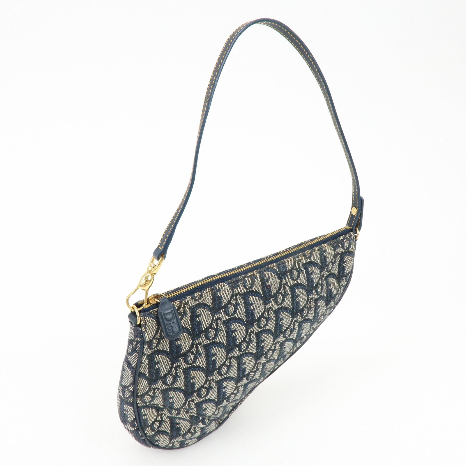 Christian Dior Trotter Jacguard Leather Saddle Bag Pouch Navy