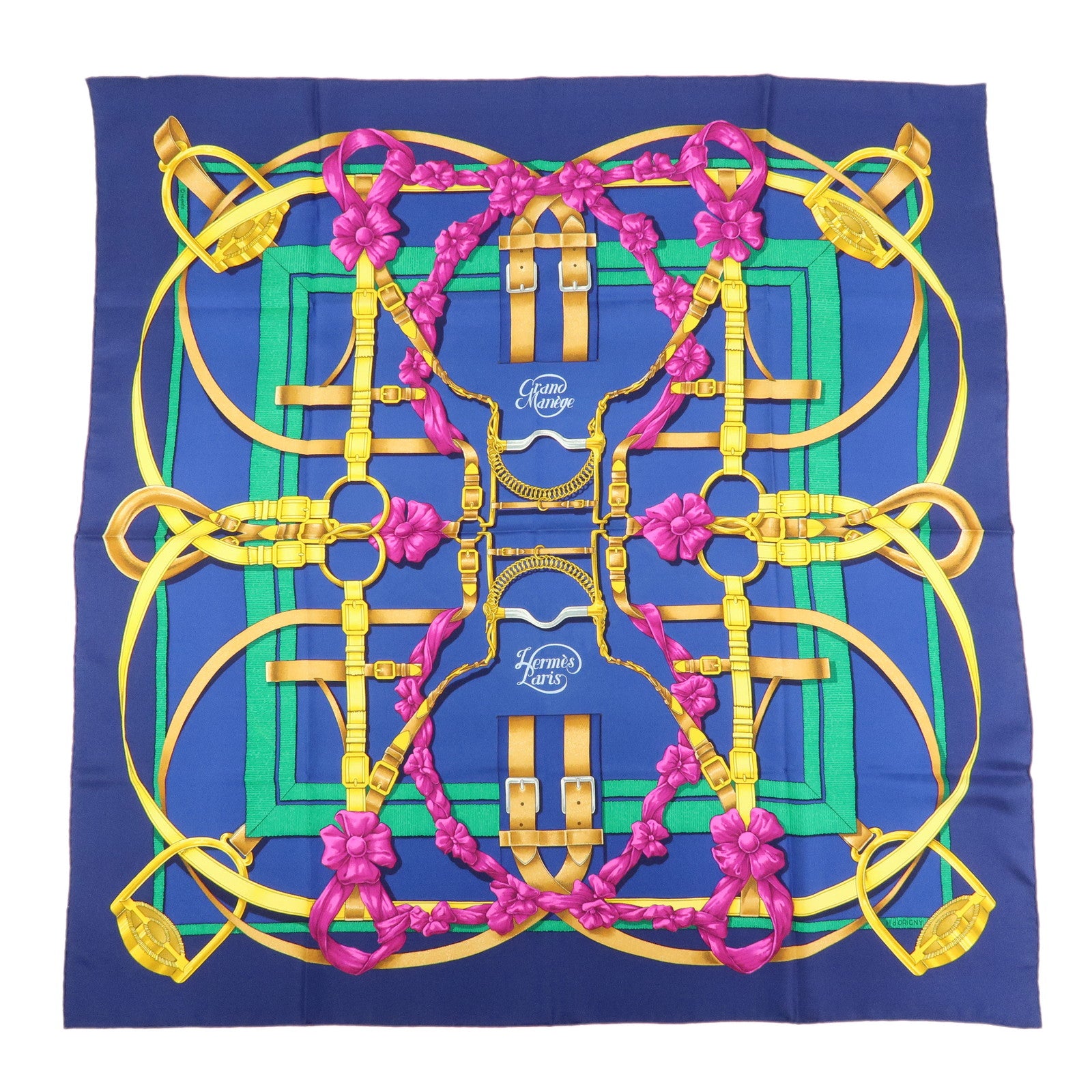 HERMES Carre 90 Silk 100% Scarf Grand Manege Detail Blue Gold