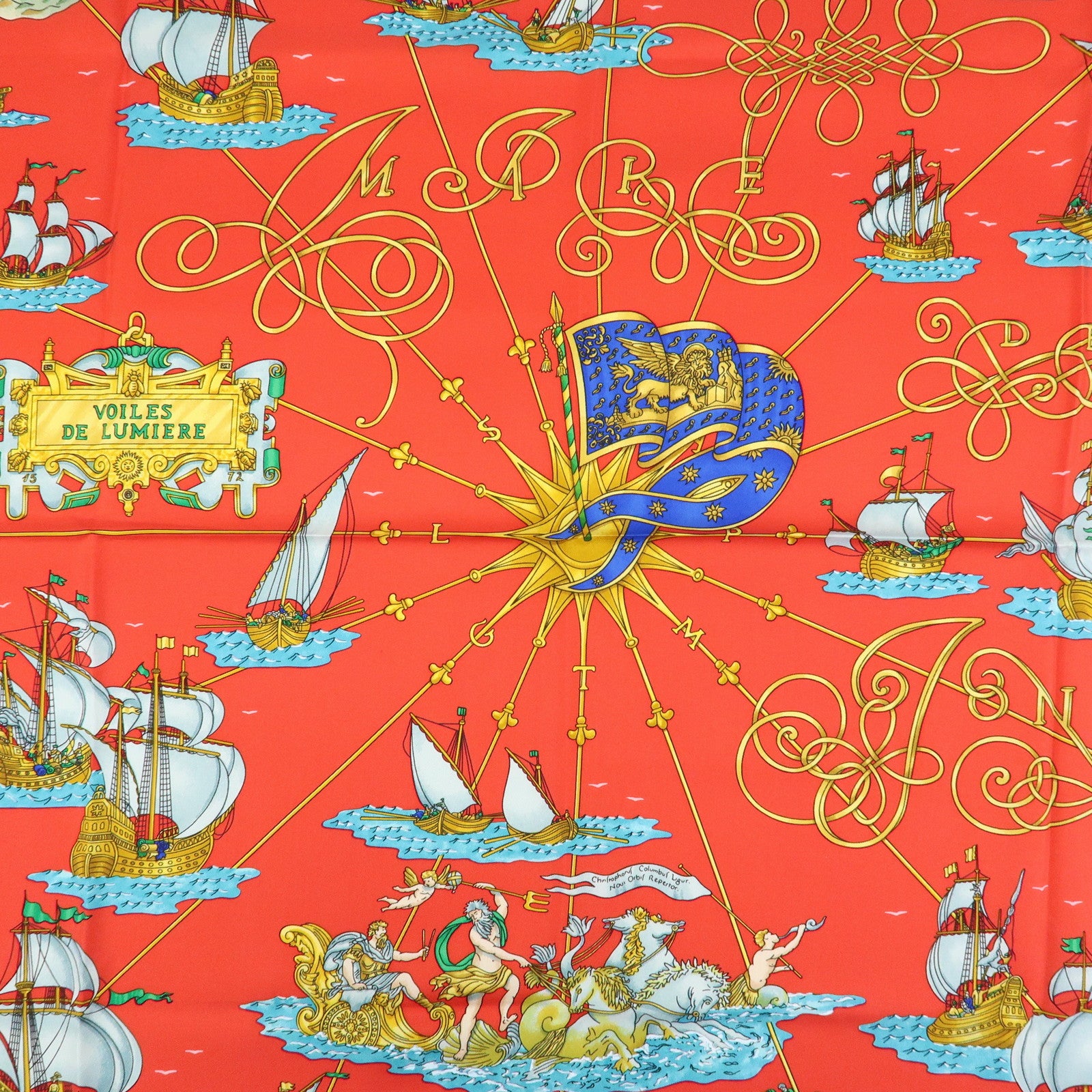 HERMES Carre 90 Silk 100% VOILES DE LUMIERE Scarf Red Blue