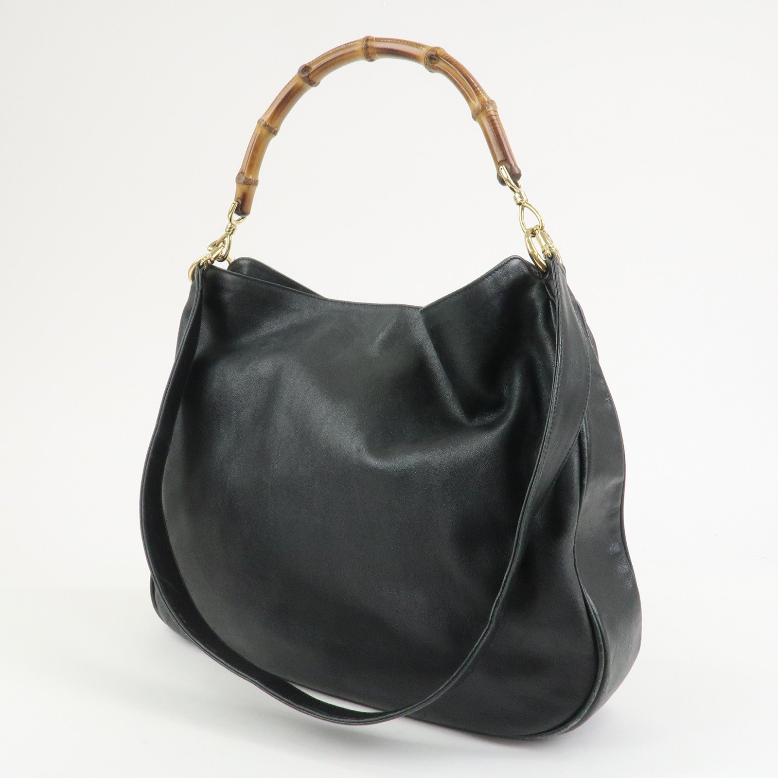 GUCCI Bamboo Leather 2Way Hand Bag Shoulder Bag Black 001郢晢ｽｻ2852