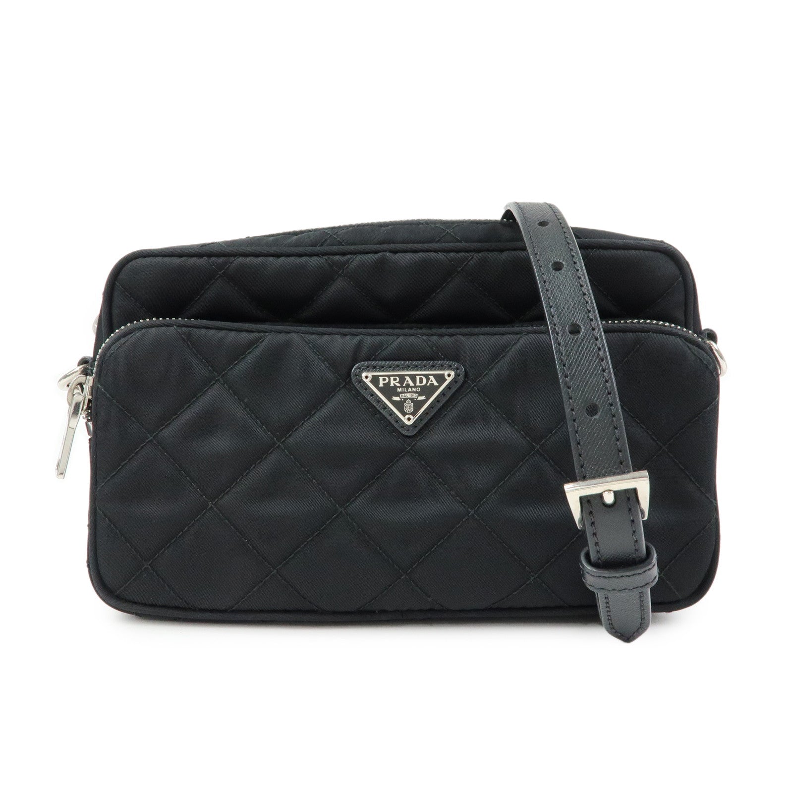PRADA Triangle Logo Nylon Leather Quilt Shoulder Bag Black BT1027