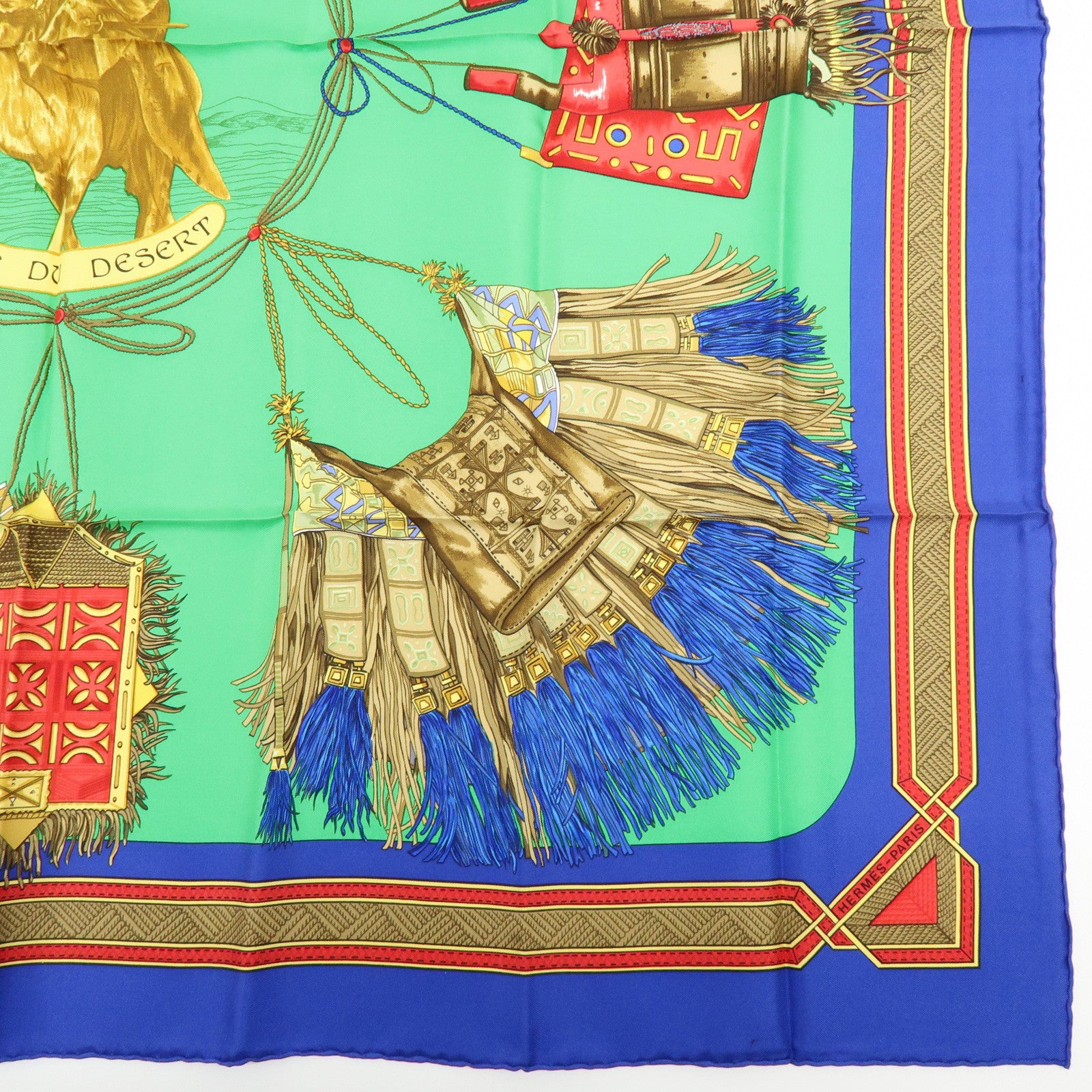 HERMES Carre 90 Silk 100% Scarf CUIRS DU DESERT Green Blue