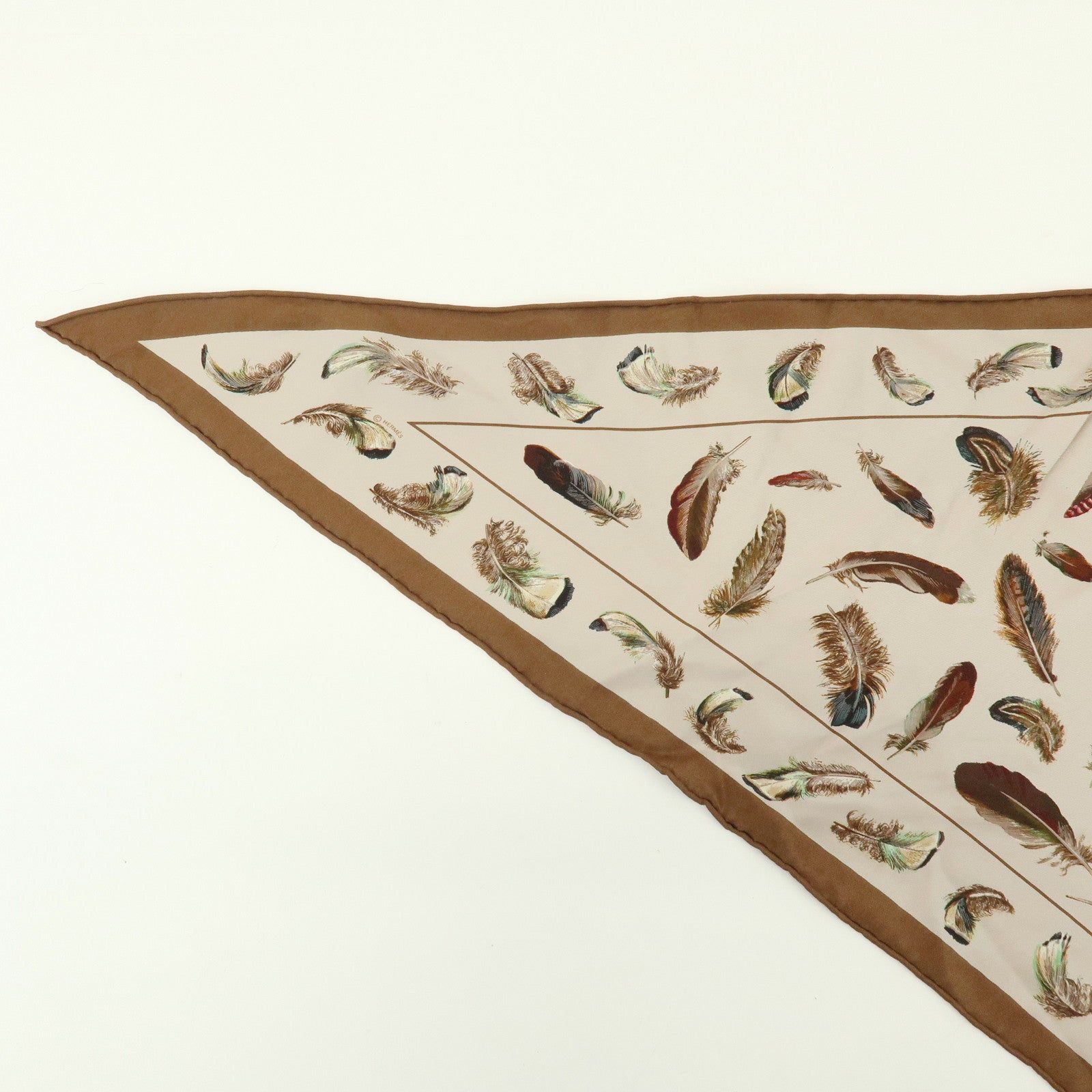 HERMES Pointu Silk 100% Scarf PLUMES Feather Print Brown Beige