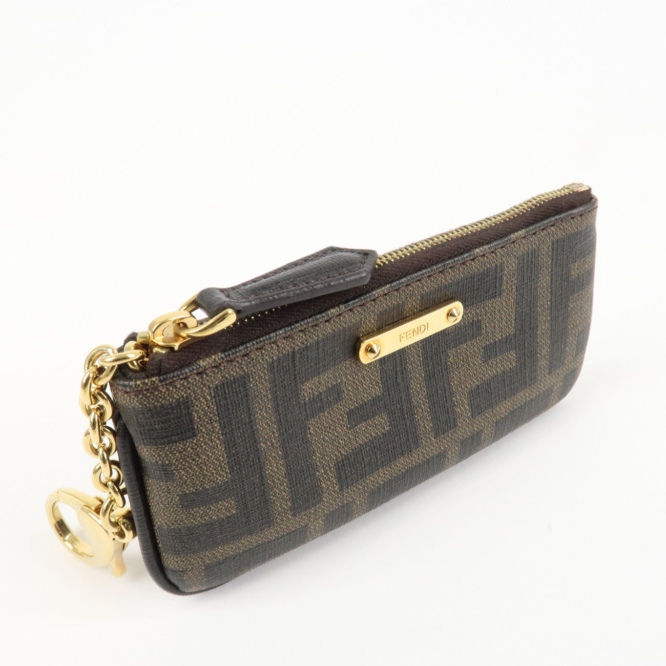 FENDI Zucca Leather PVC Coin Case Key Chain Black Brown 8AP005 Used