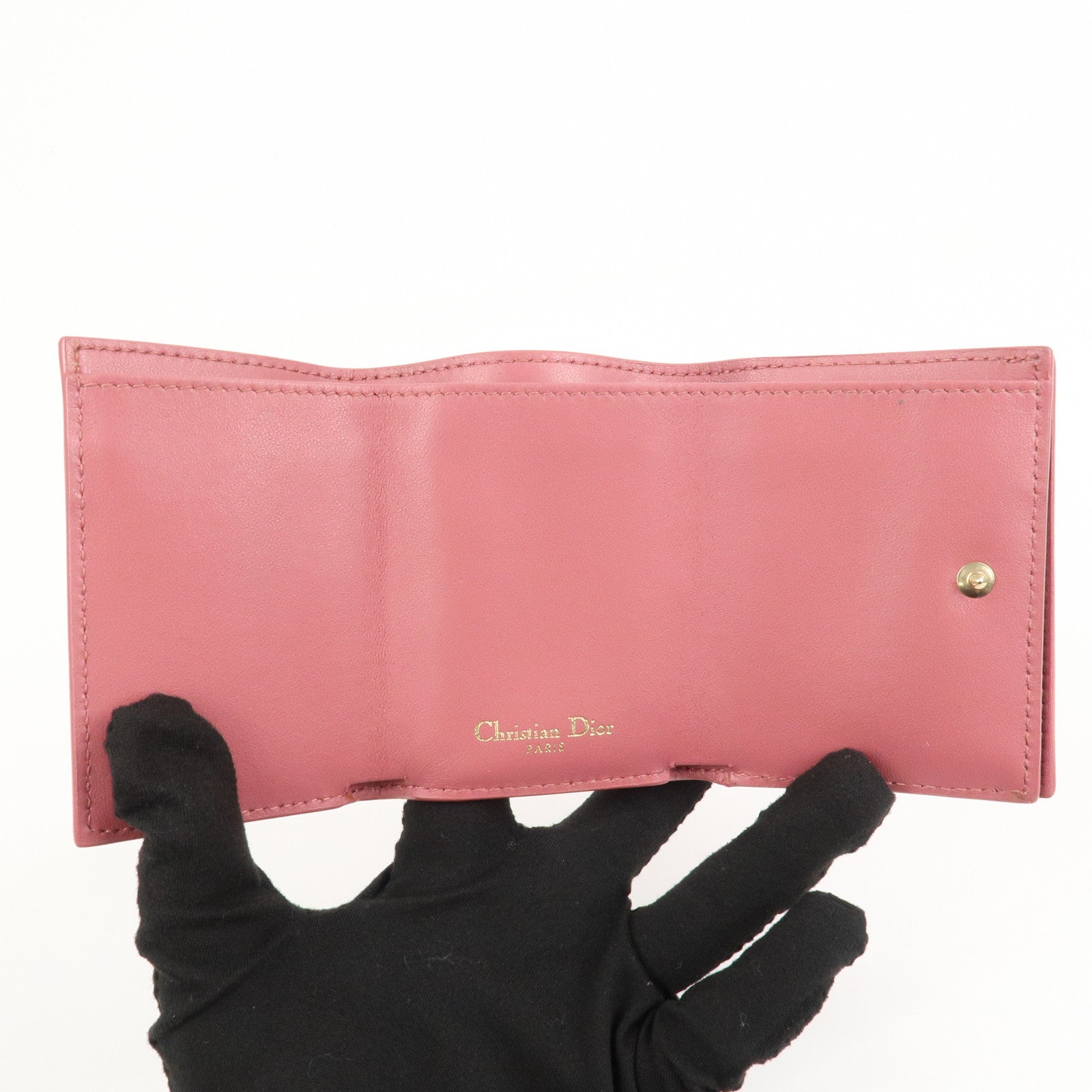 Christian Dior Logo Leather Tri-fold Small Compact Wallet Pink