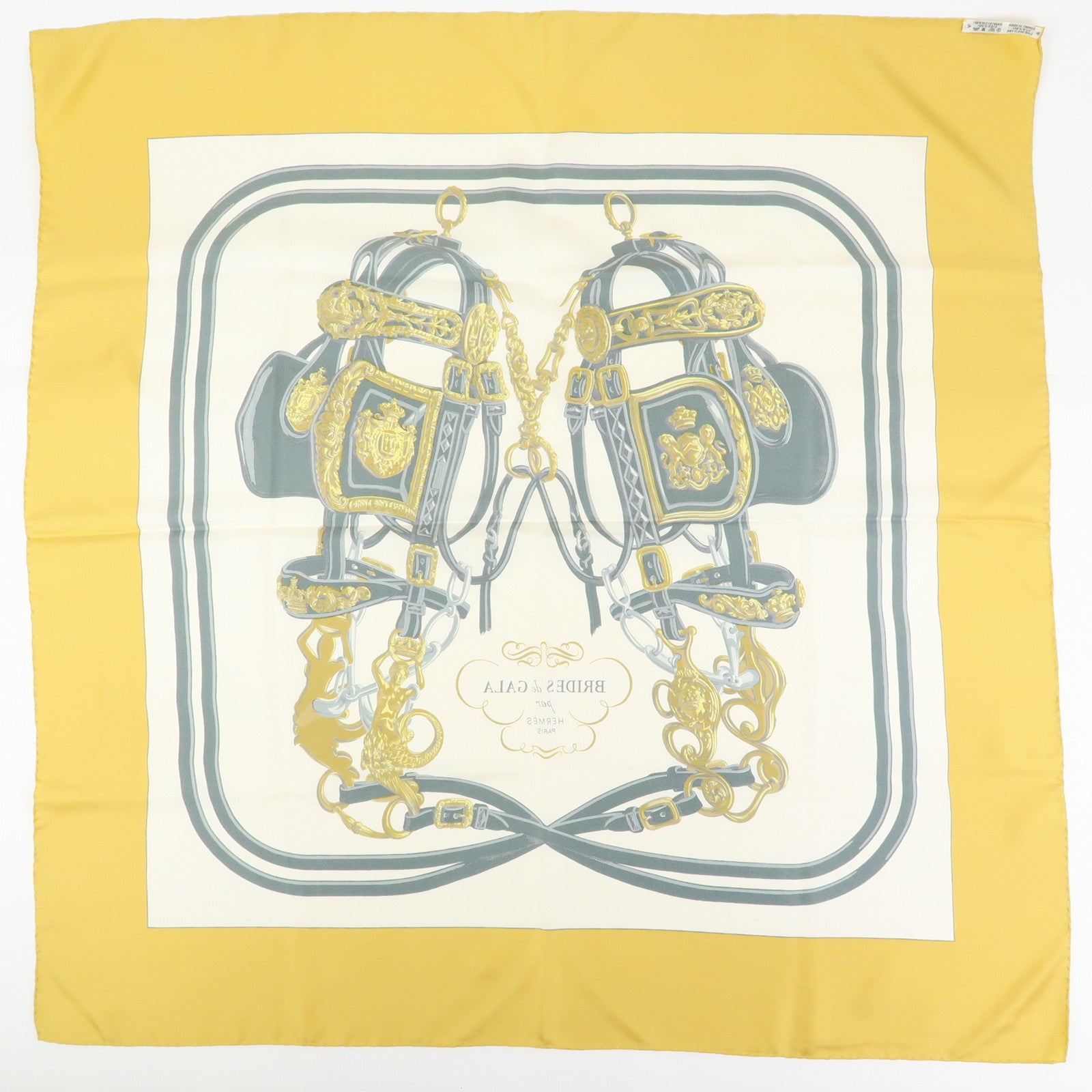 HERMES Carre 90 Silk 100% Scarf BRIDES DE GALA Gold Gray