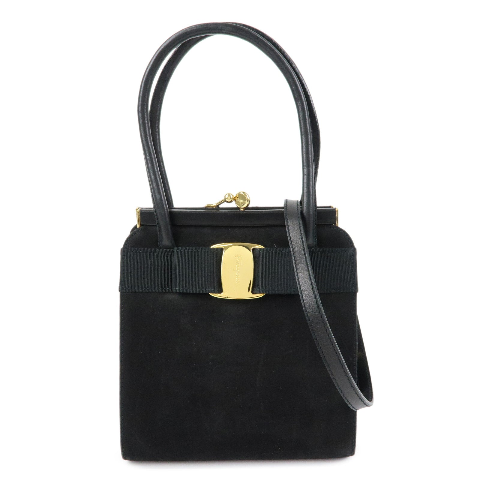 Ferragamo Varra Ribbon Suede Leather 2Way Bag Hand Bag Black