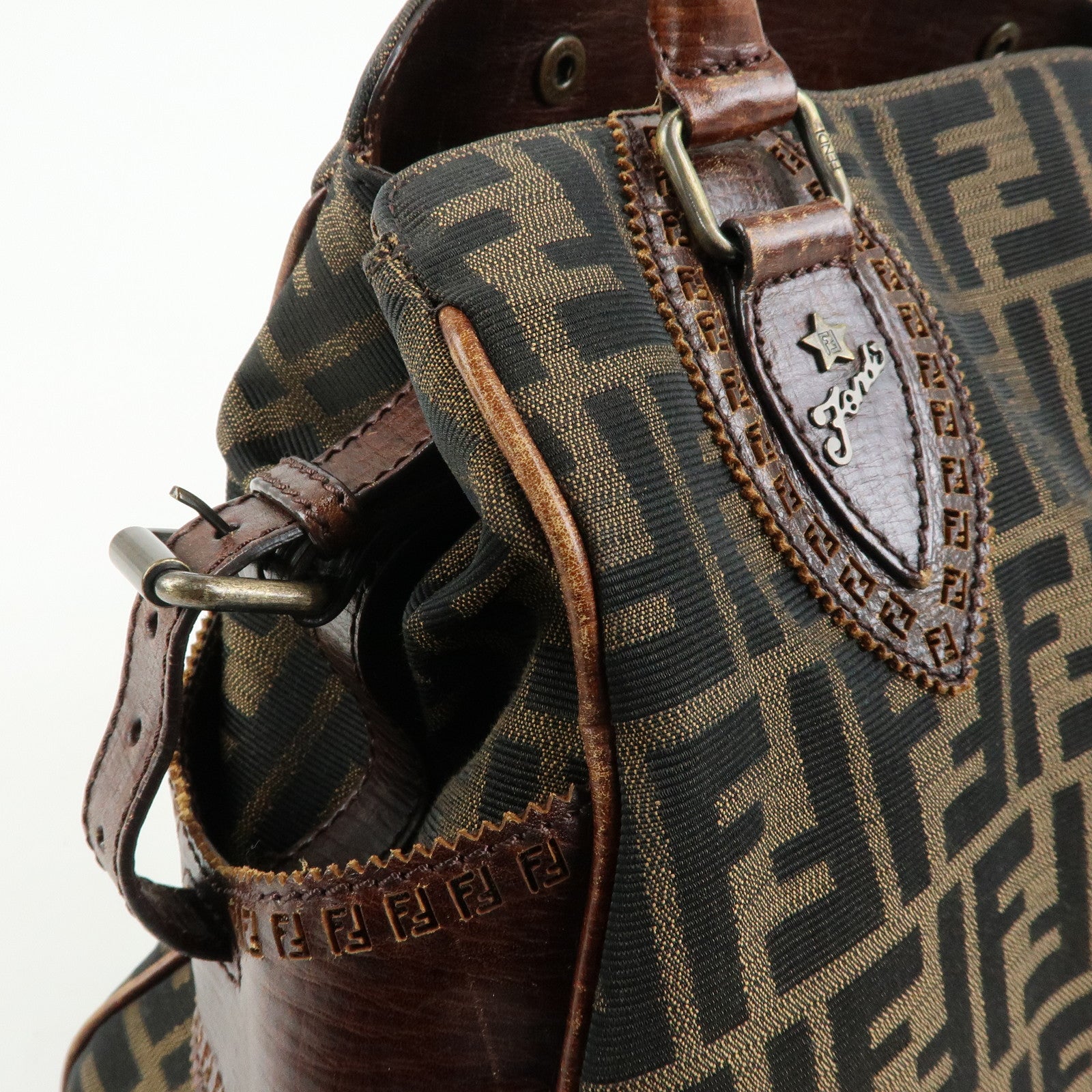 FENDI Ethnico Zucca Canvas Leather Tote Shoulder Bag Brown 8BN162