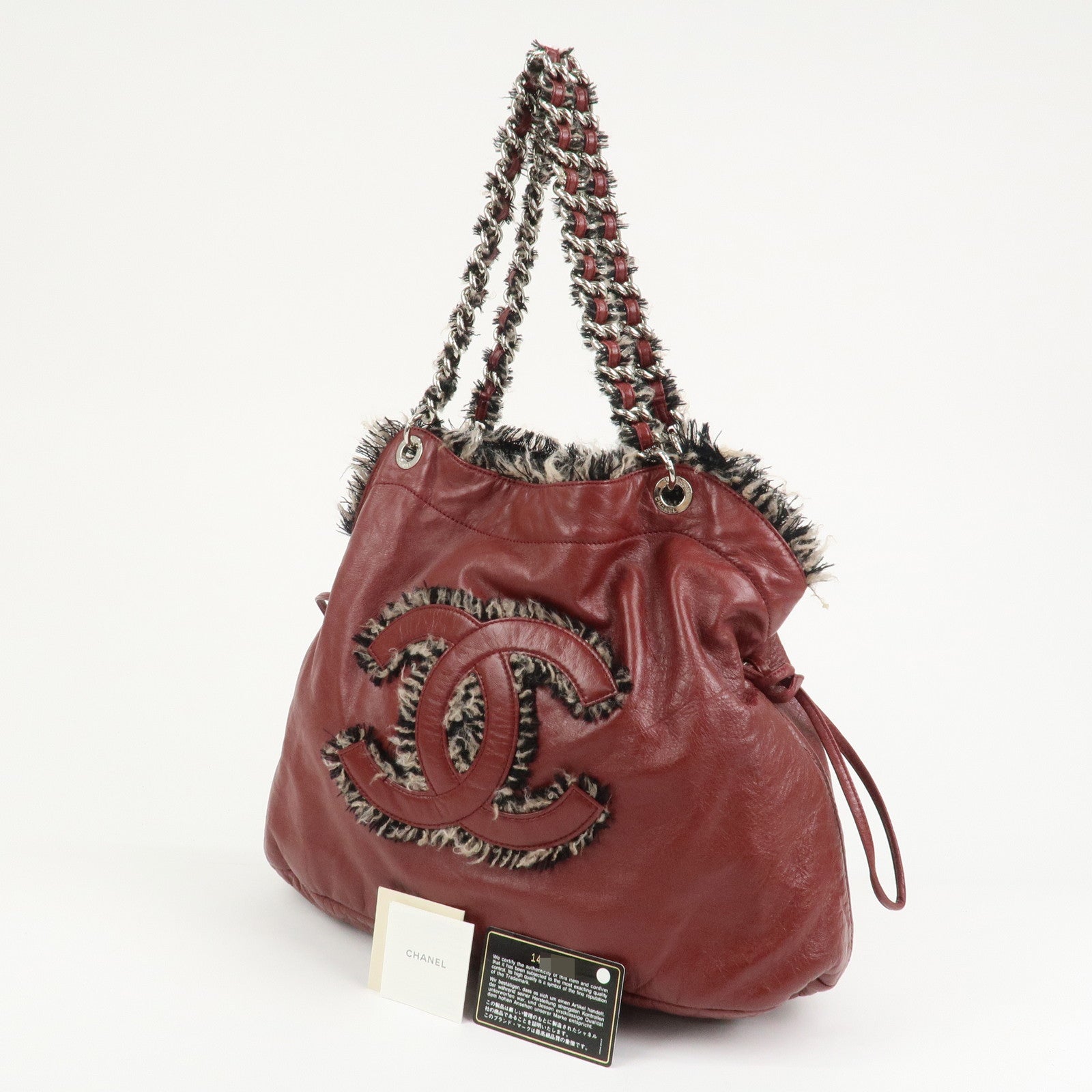 CHANEL Leather Tweed Chain Shoulder Tote Bag Bordeaux A49559