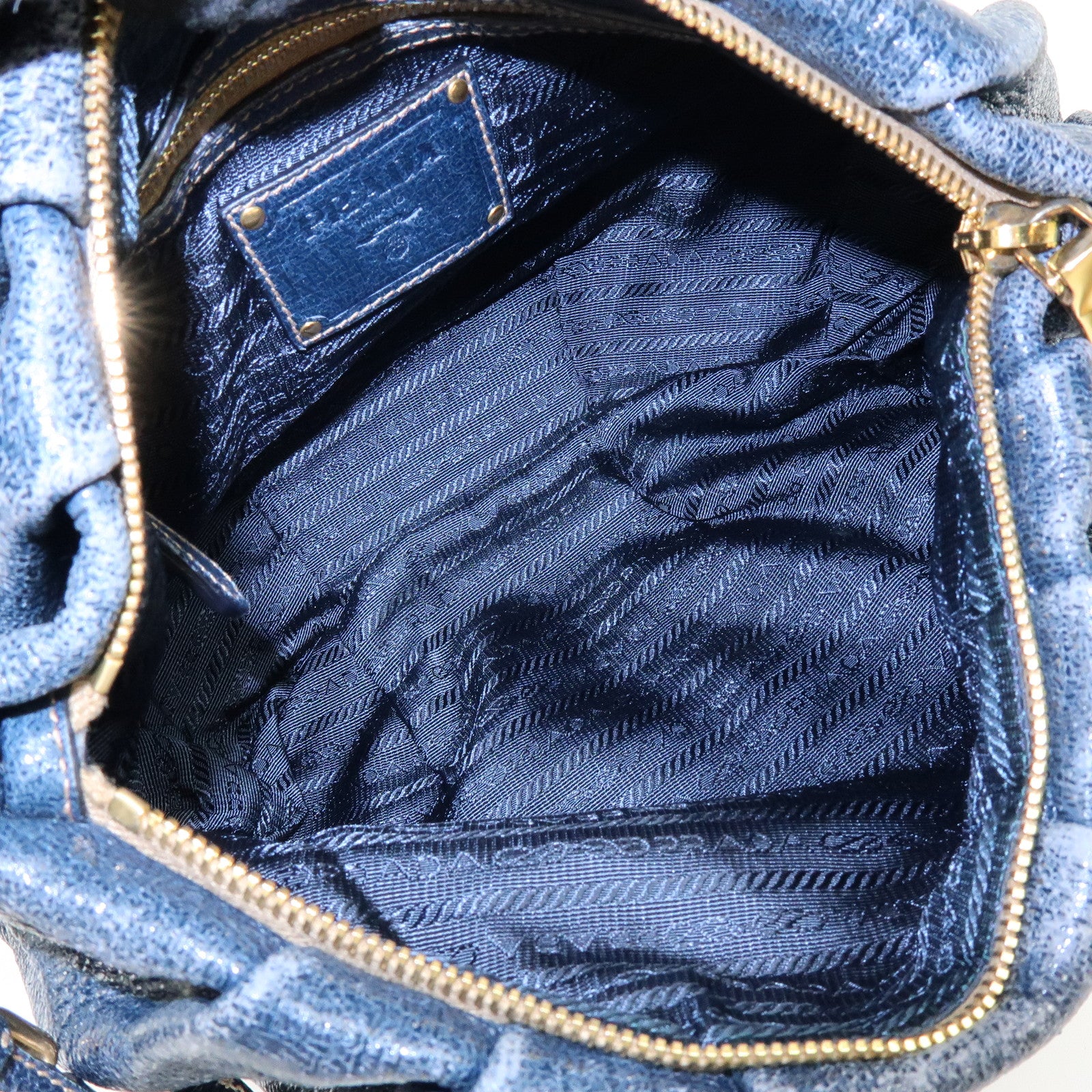 PRADA Logo Shiny Coated Leather Shoulder Bag Hand Bag Navy BR4070