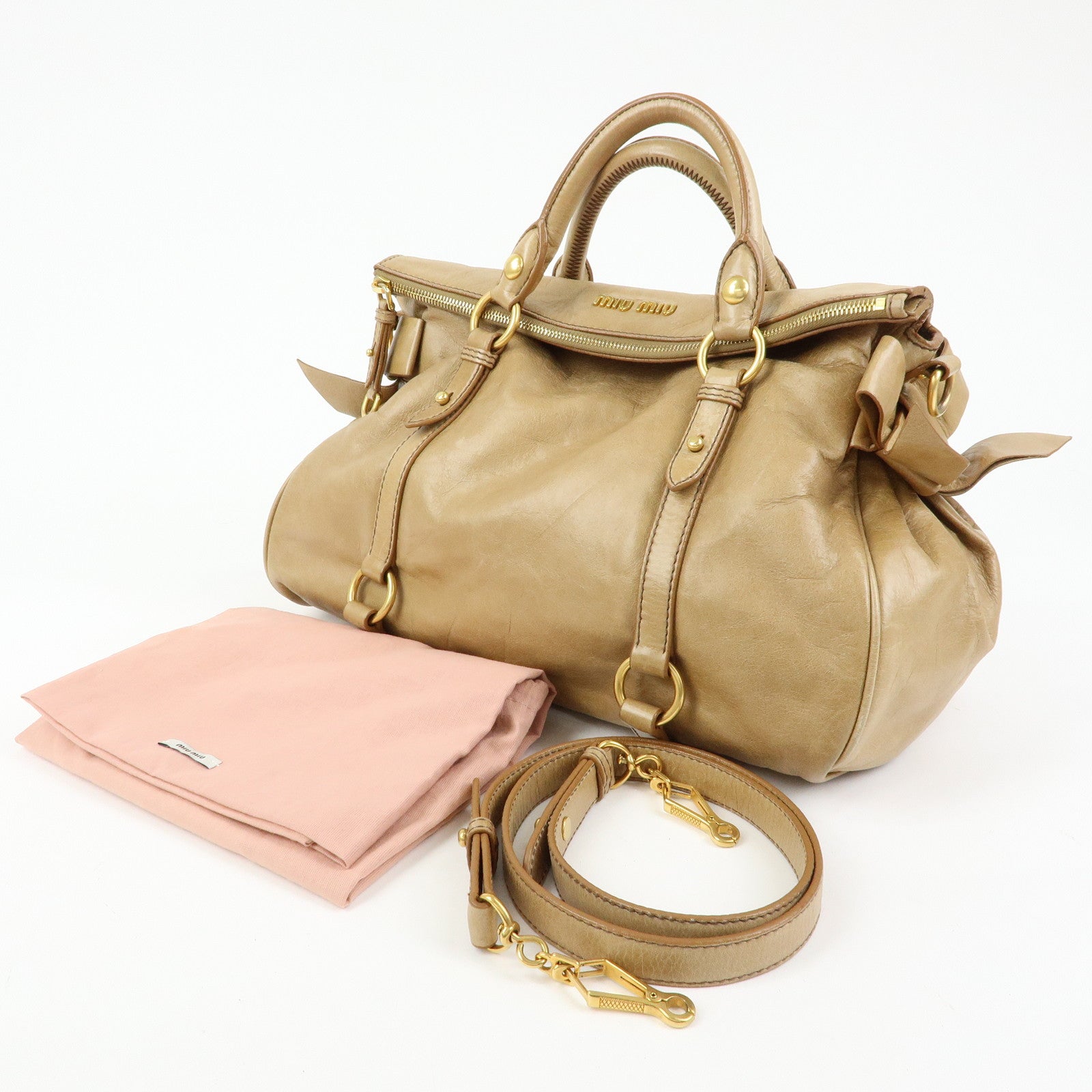 MIU MIU Leather 2Way Bag Hand Bag Shoulder Bag Beige RT0438