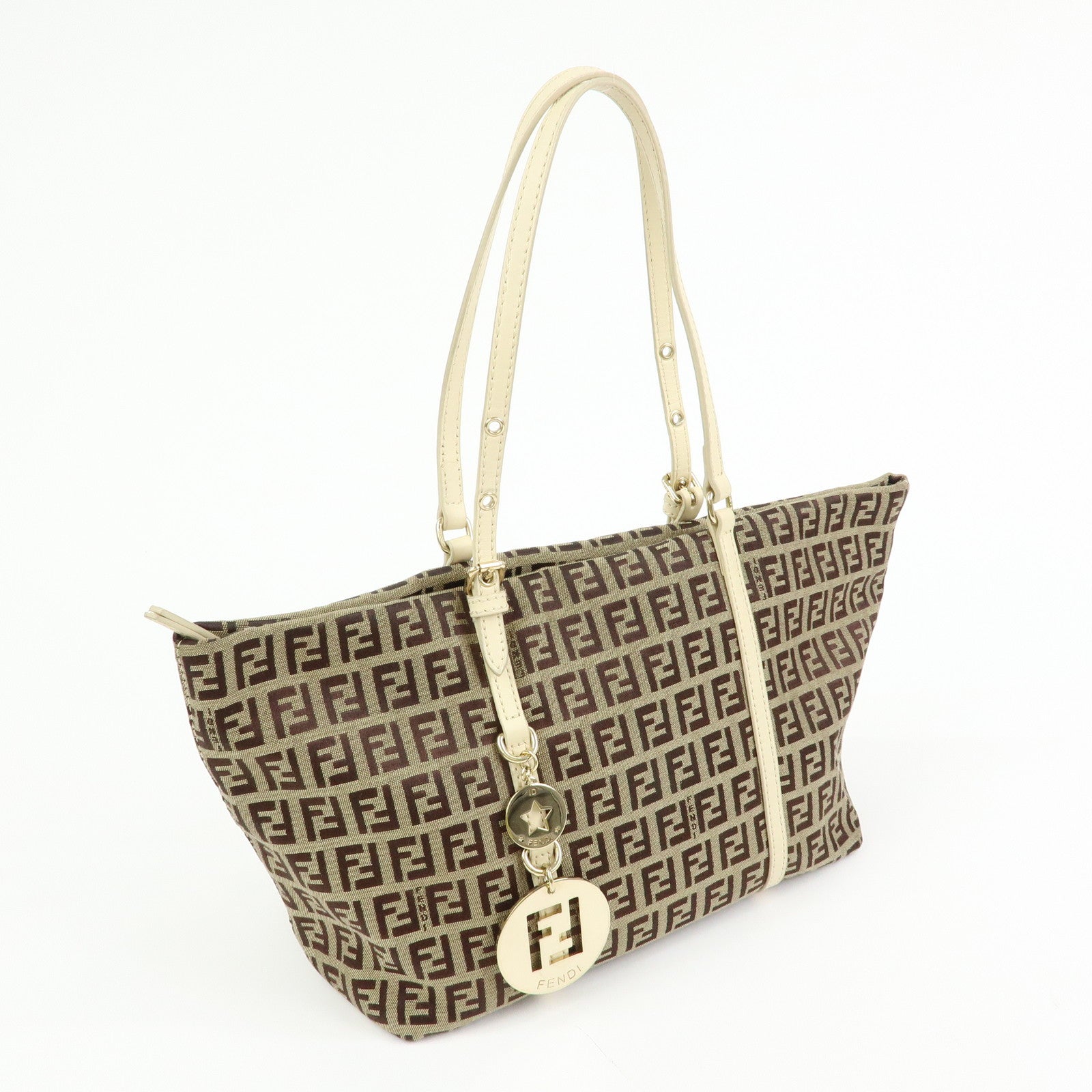 FENDI Zucchino Canvas Leather Tote Bag Hand Bag Brown Ivory 8BH214