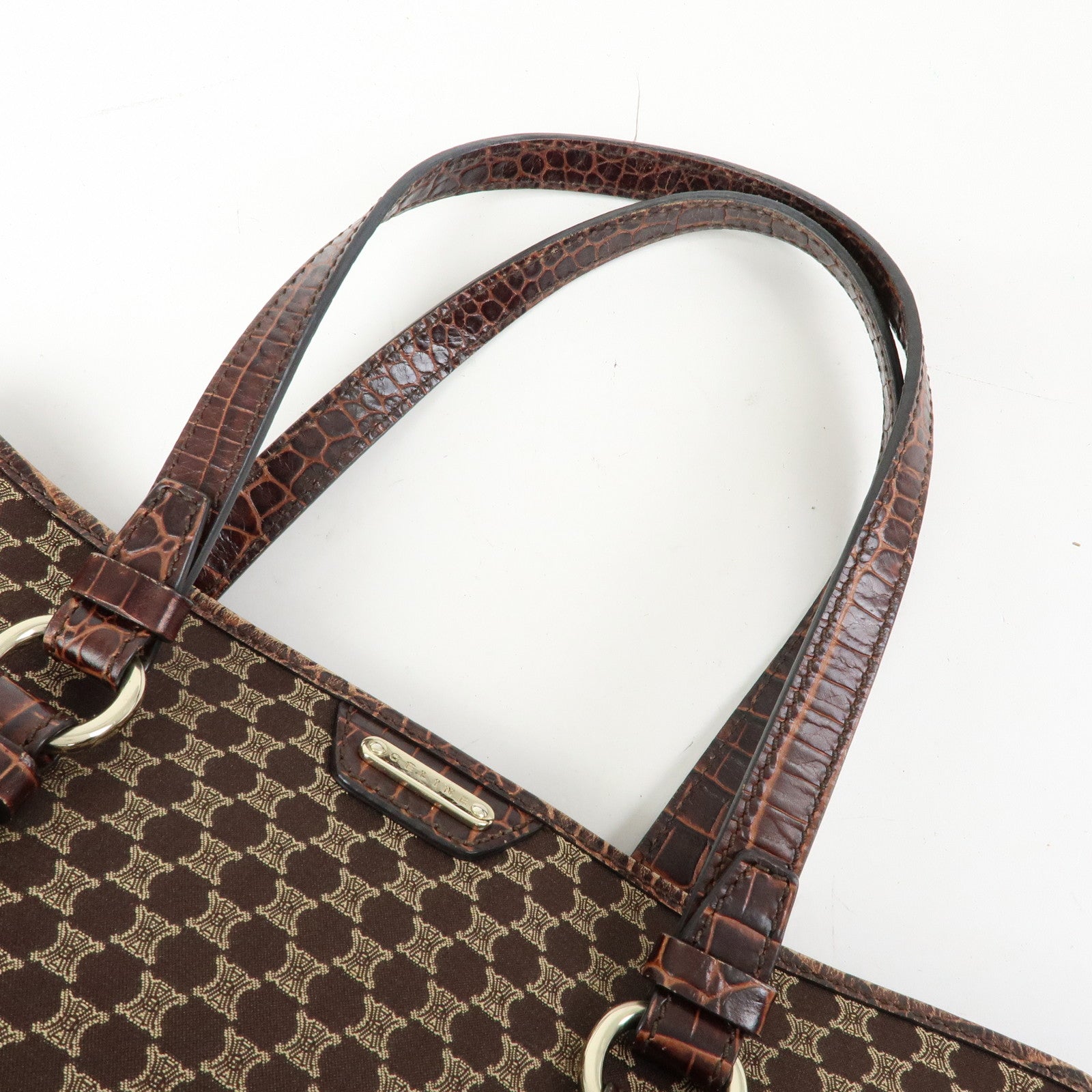 CELINE Macadam Embsossed Leather Canvas Tote Bag Hand Bag Brown