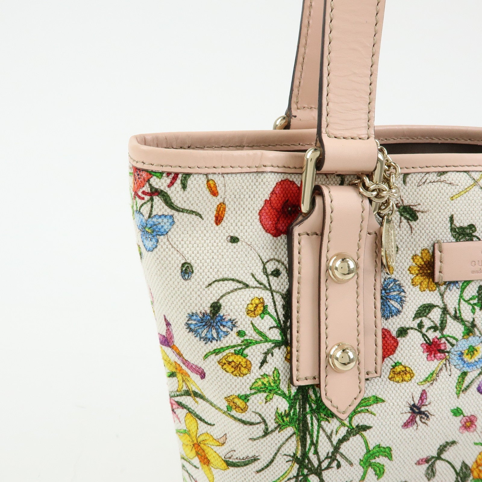 GUCCI Flora Flower Motif Canvas Leather Tote Bag White Pink 240018