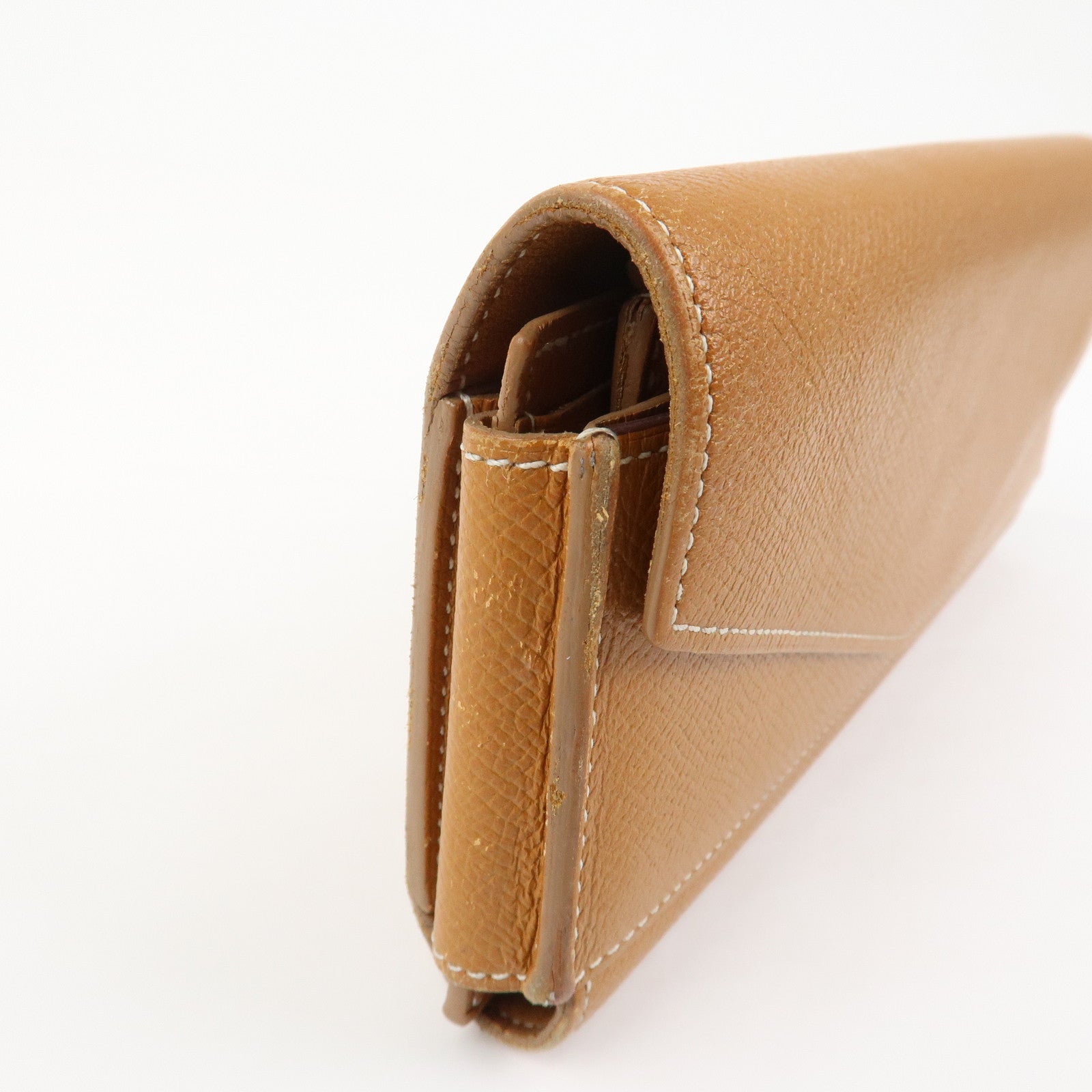 HERMES Logo Leather Passant X Stamped Flap Long Wallet Brown