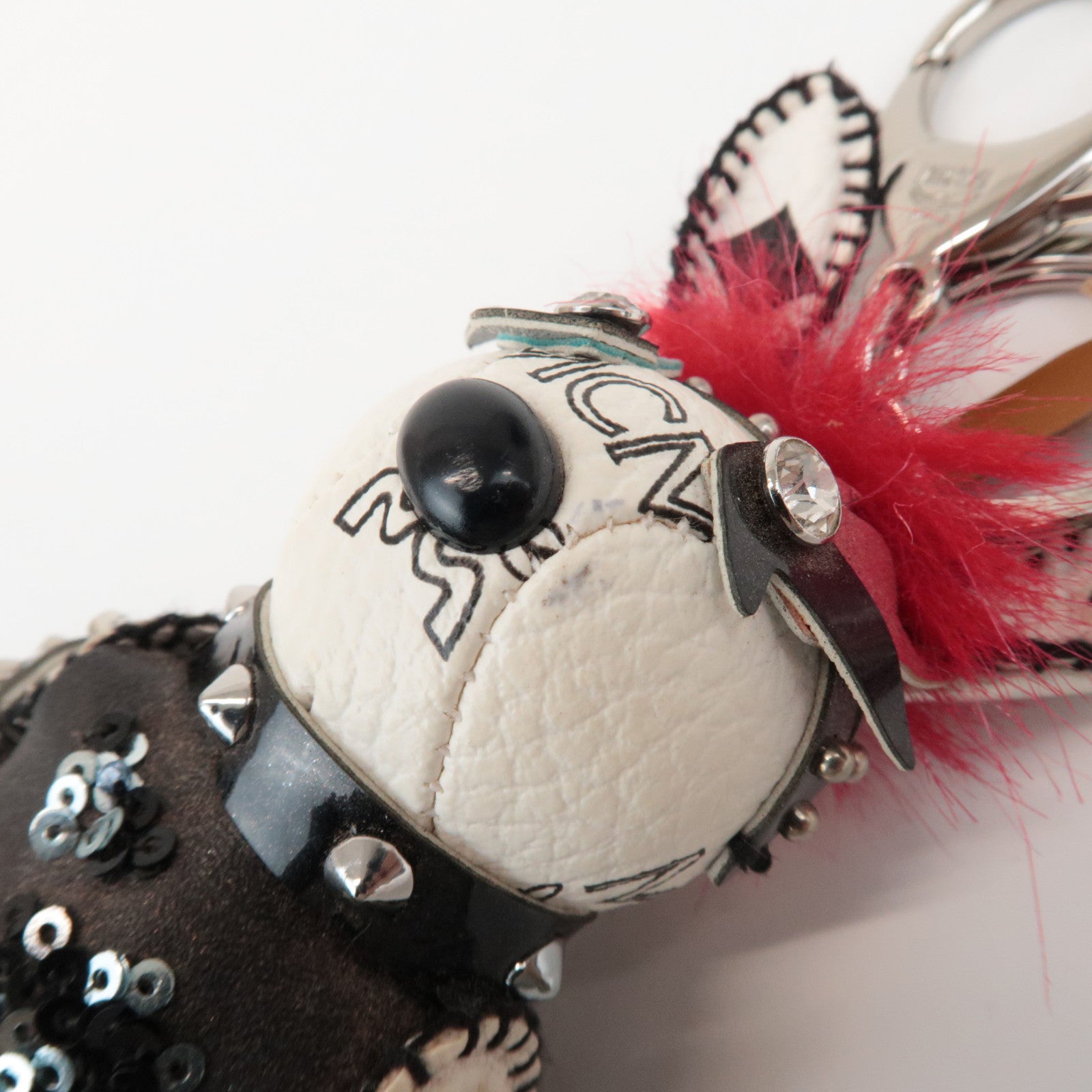 MCM Rabbit Skateboard Leather Metal Key Holder Ivory Black