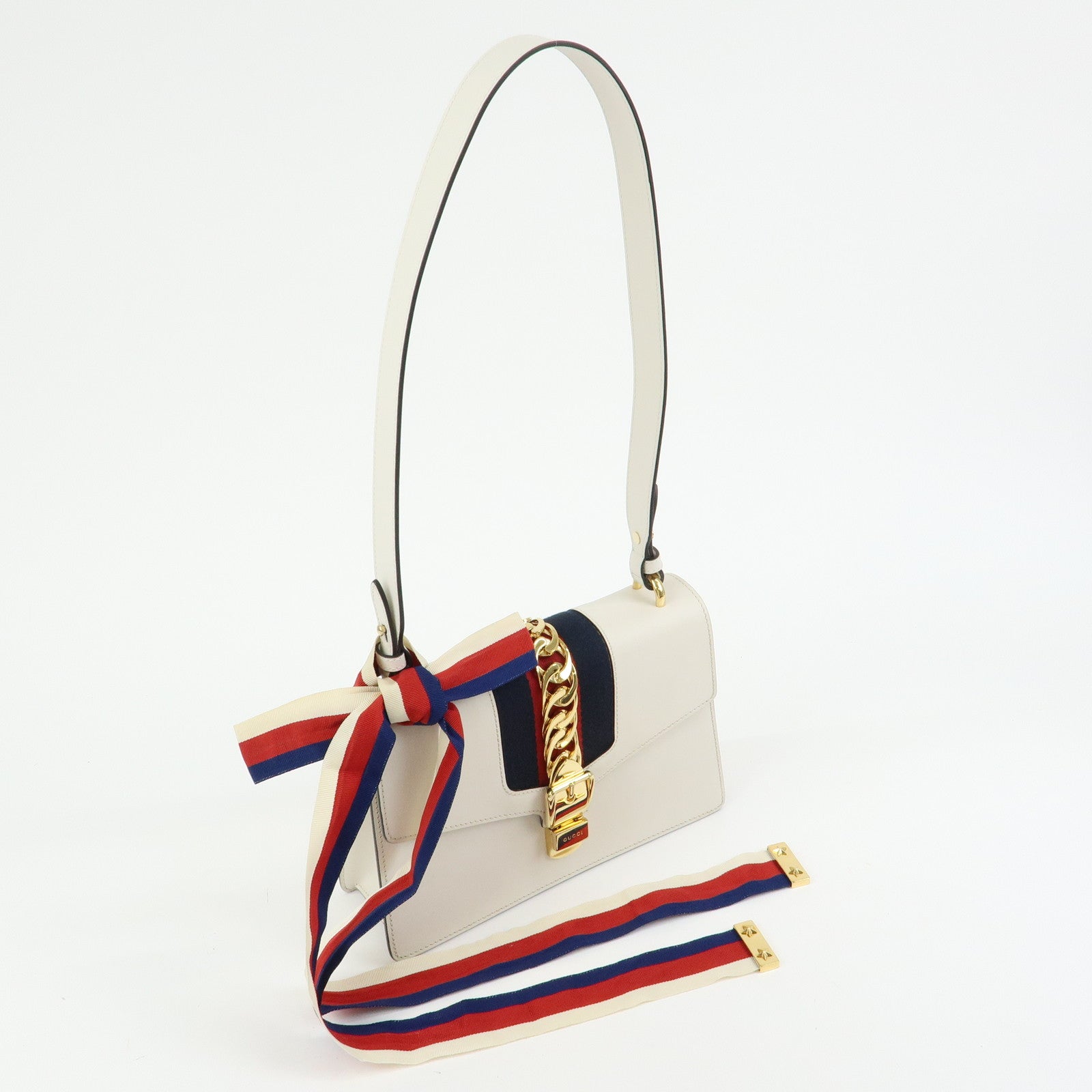 GUCCI Sylvie Sherry Leather Shoulder Bag Crossbody Bag Ivory 421882