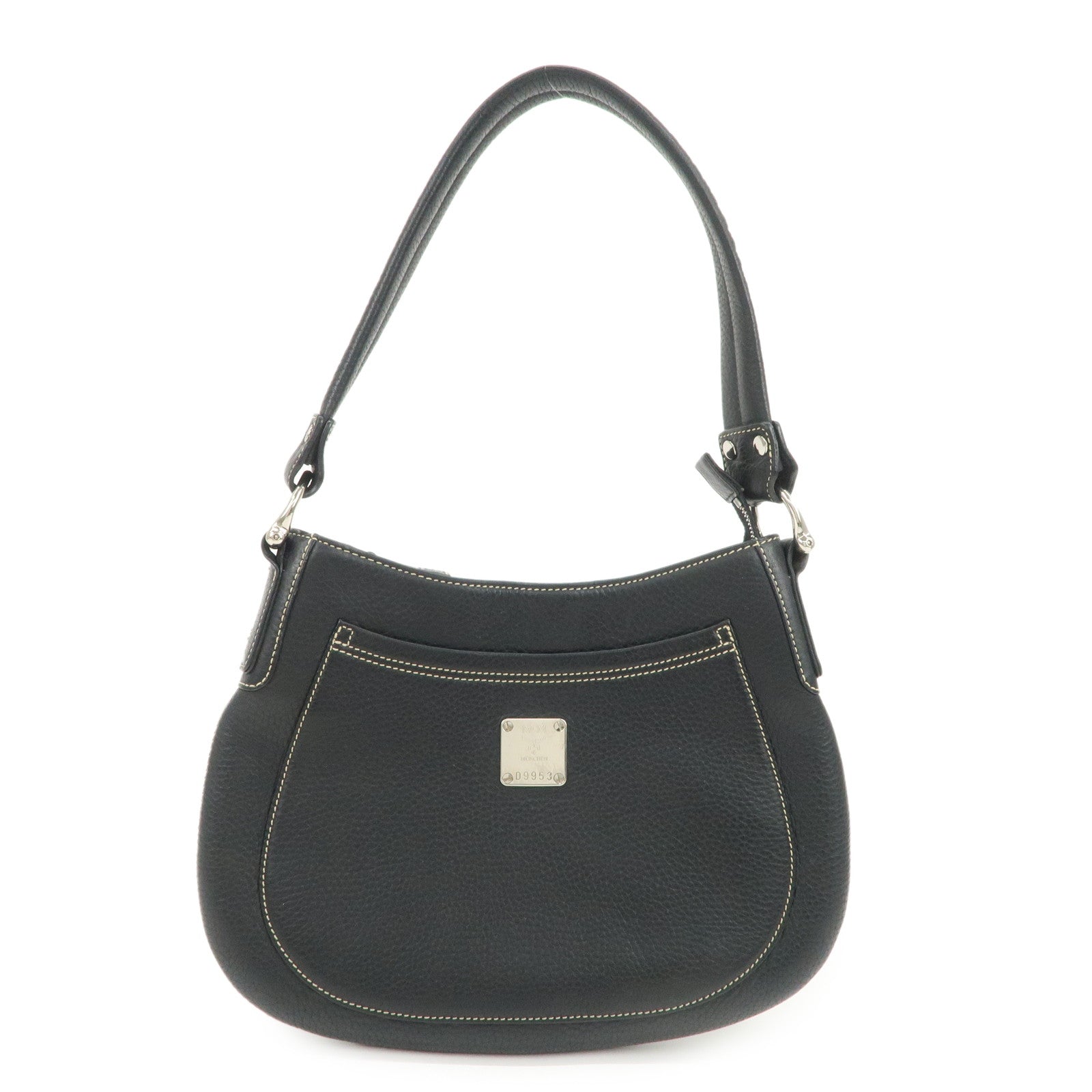 MCM Logo Plate Leather Shoulder Bag Hand Bag Black