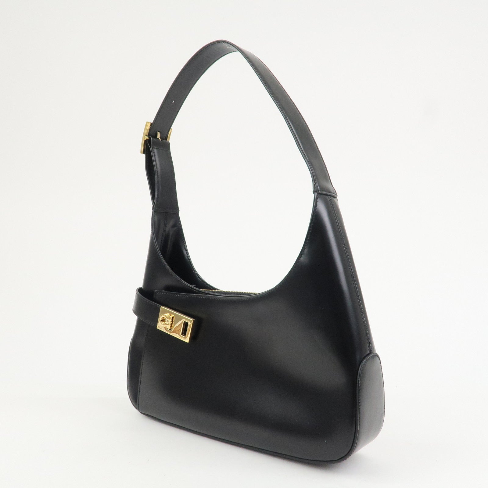 Ferragamo Gancini Logo Leather Shoulder Bag Hand Bag Black