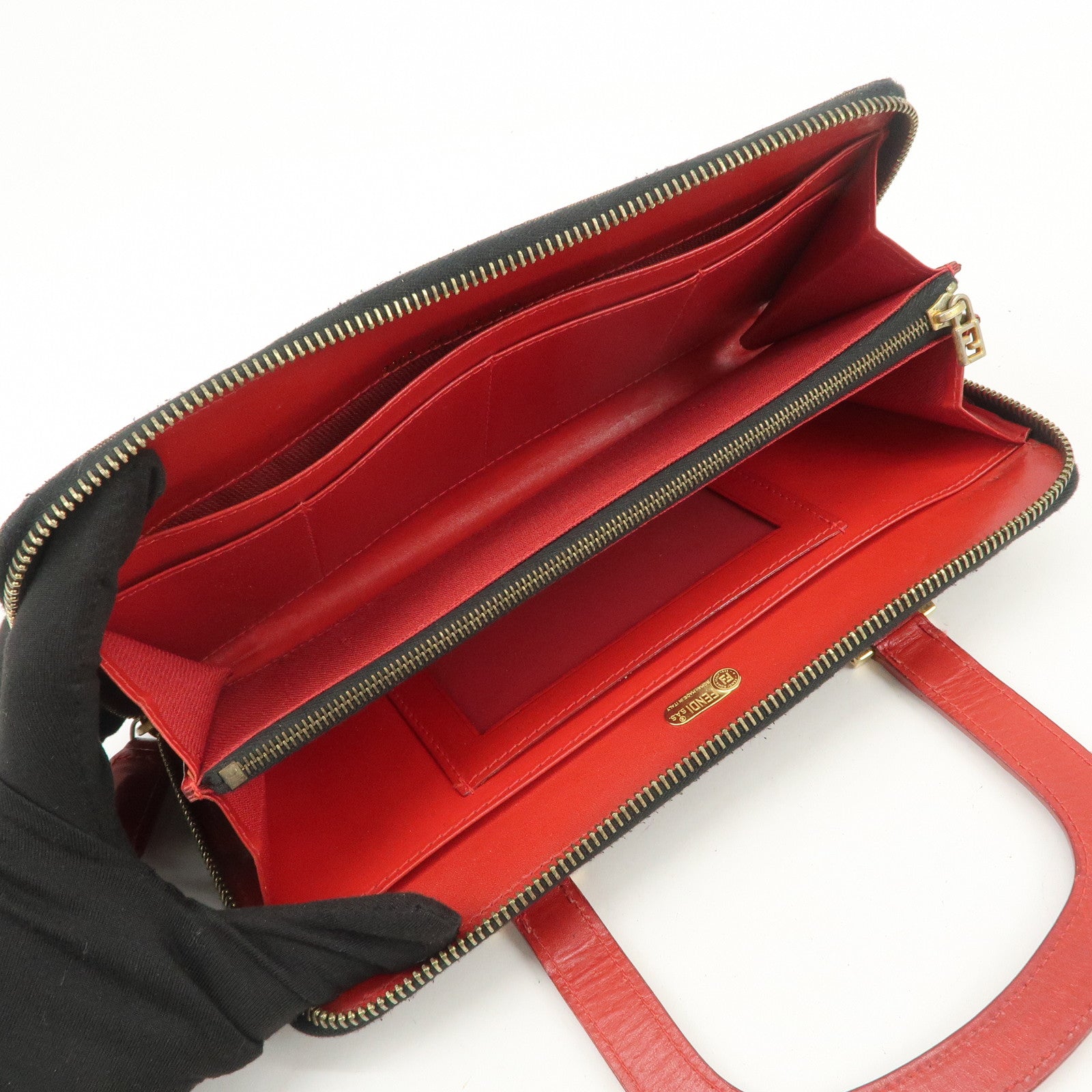 FENDI Logo Canvas Leather Hand Bag Leopard Red 26347