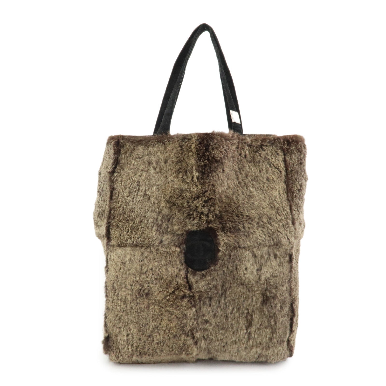 CHANEL COCO Mark Fur Suede Tote Bag Hand Bag Brown Black
