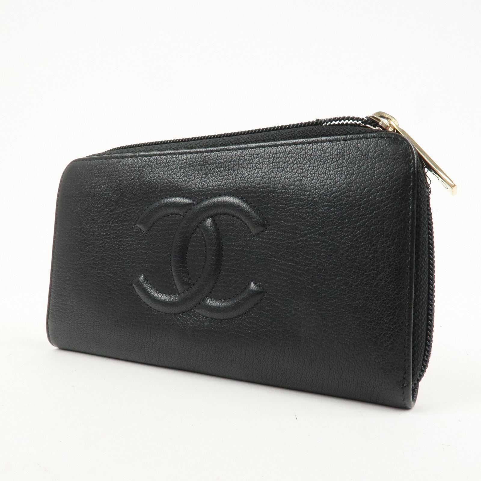 CHANEL Set Of 2 Leather Bi-Fold Long Wallet Key Case Black Gold